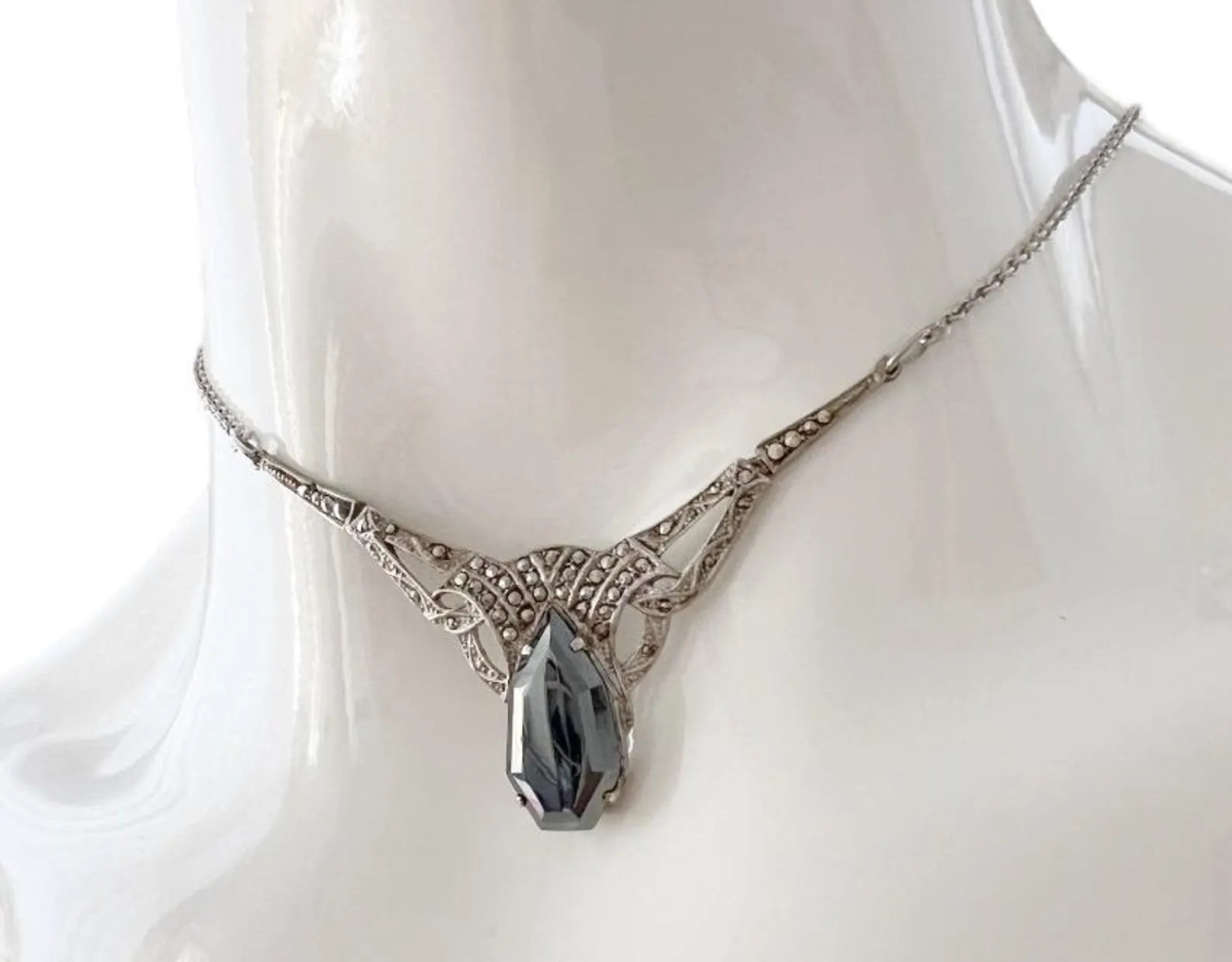Antique Art Deco 800 Silver & Marcasite Necklace with Faceted Hematite Pendant