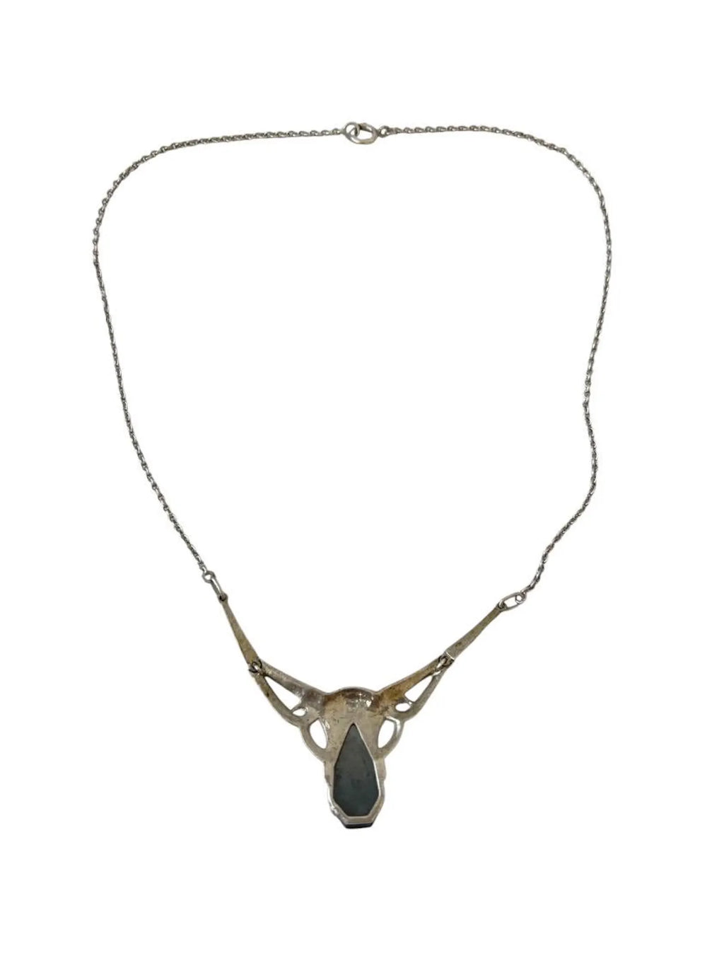 Antique Art Deco 800 Silver & Marcasite Necklace with Faceted Hematite Pendant