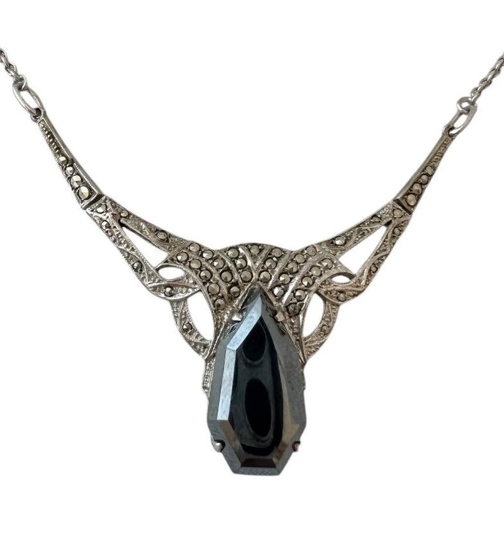 Antique Art Deco 800 Silver & Marcasite Necklace with Faceted Hematite Pendant