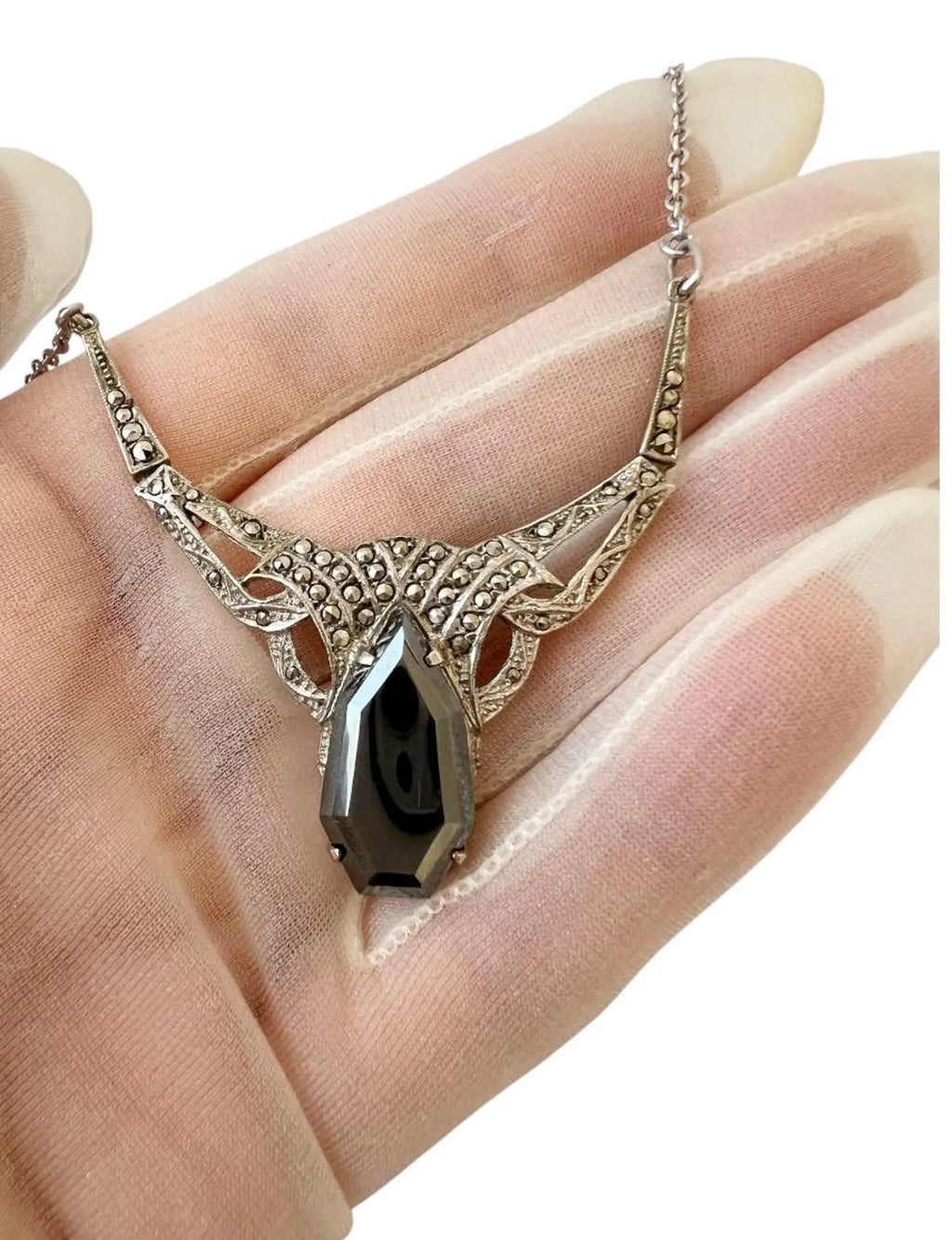 Antique Art Deco 800 Silver & Marcasite Necklace with Faceted Hematite Pendant