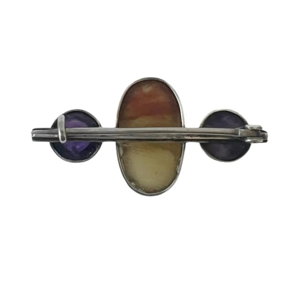 Vintage Silver Brooch with Banded Agate and Amethyst