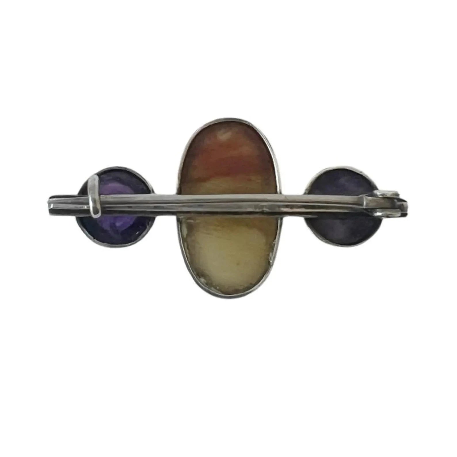 Vintage Silver Brooch with Banded Agate and Amethyst
