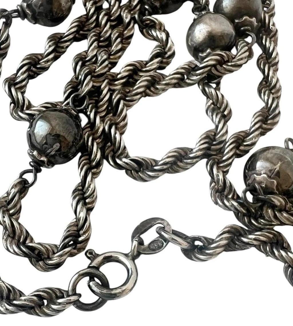 Vintage Silver Beaded Necklace, Twisted Rope Chain, 80cm Long.