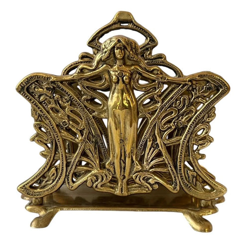 Art Nouveau Lady Brass Napkin Holder Vintage Nouveau Woman Letter Rack Desk Decor