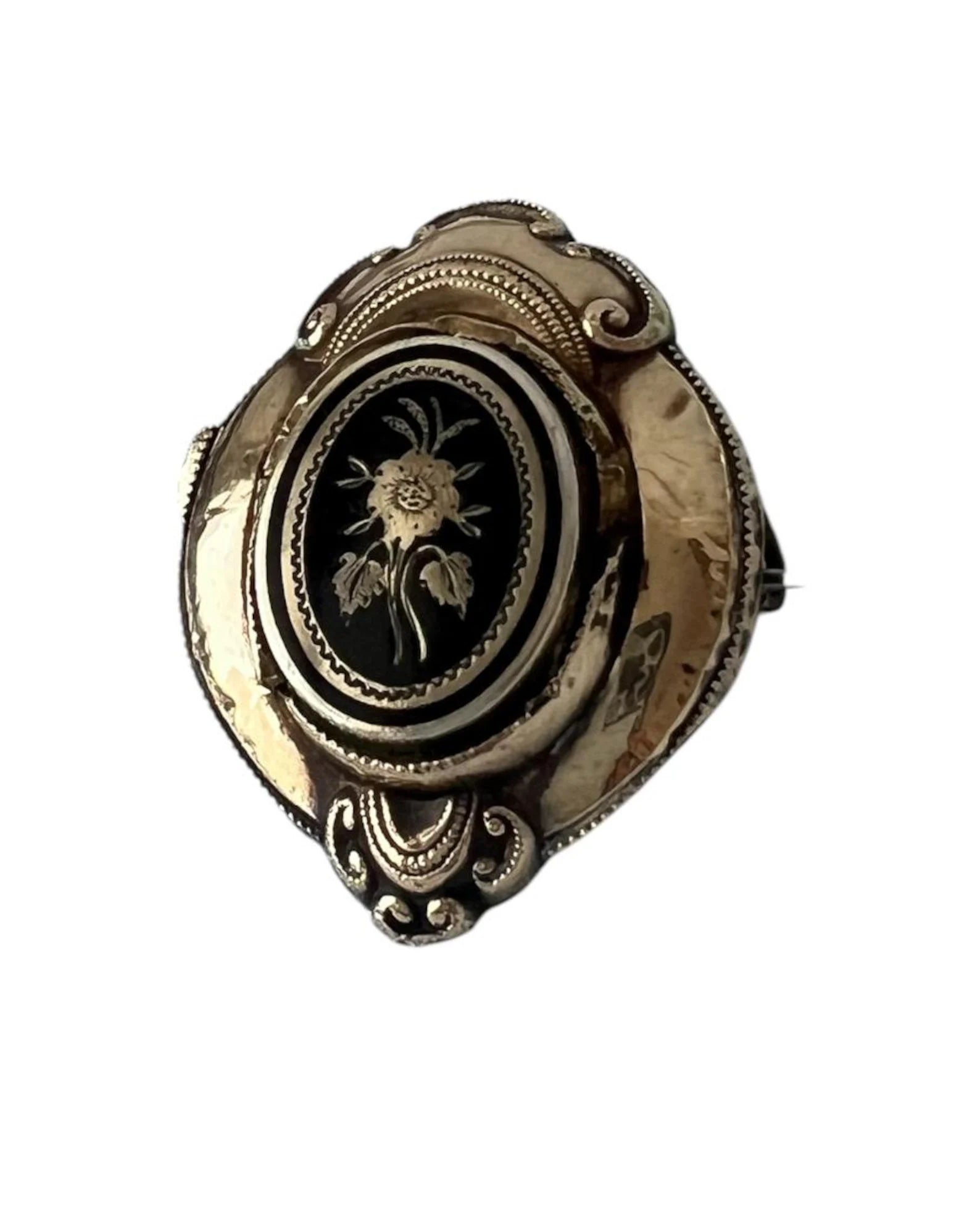 Antique German Biedermeier Mourning Brooch. Foamed Gold & Black Enamel.
