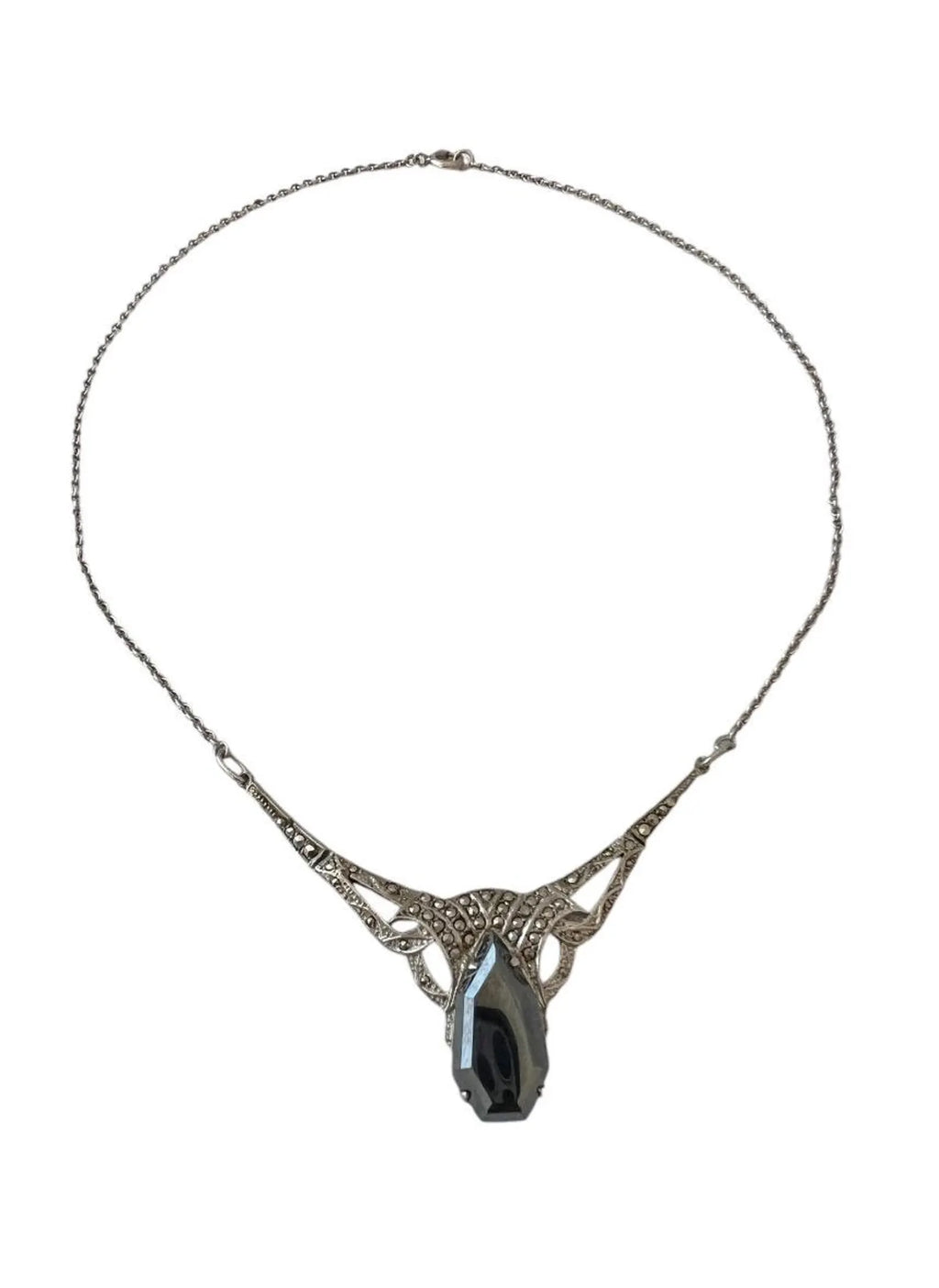 Antique Art Deco 800 Silver & Marcasite Necklace with Faceted Hematite Pendant