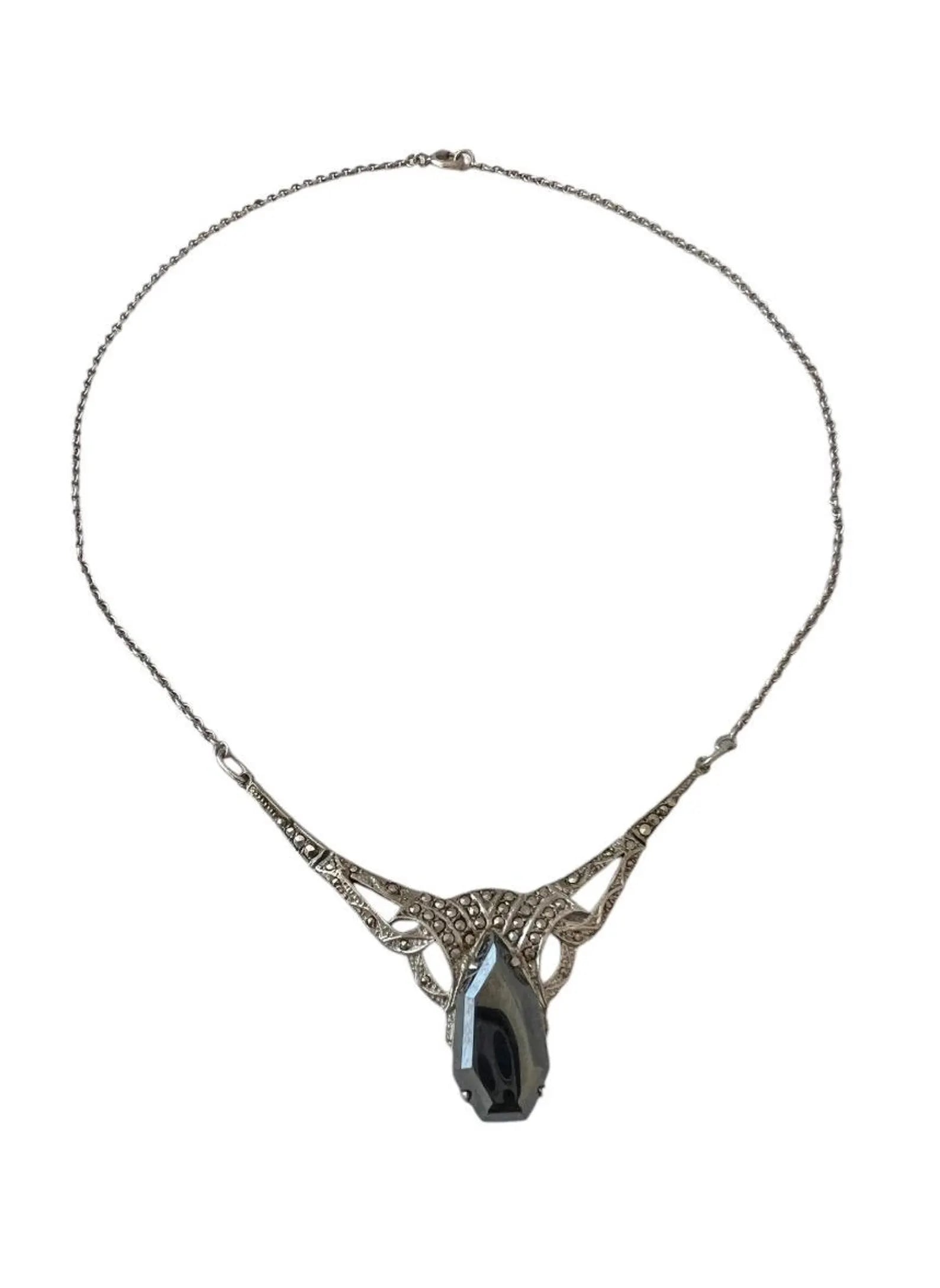 Antique Art Deco 800 Silver & Marcasite Necklace with Faceted Hematite Pendant