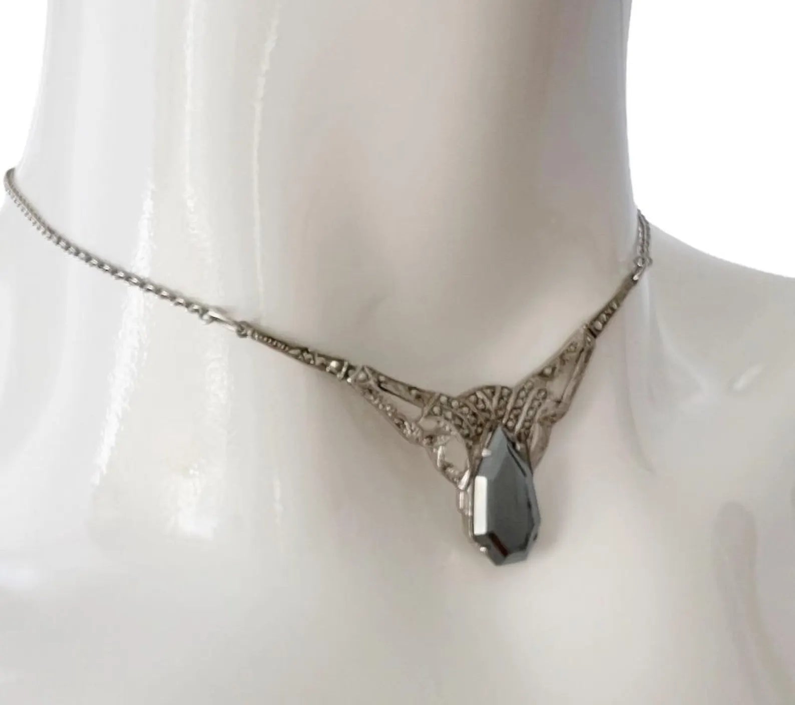 Antique Art Deco 800 Silver & Marcasite Necklace with Faceted Hematite Pendant