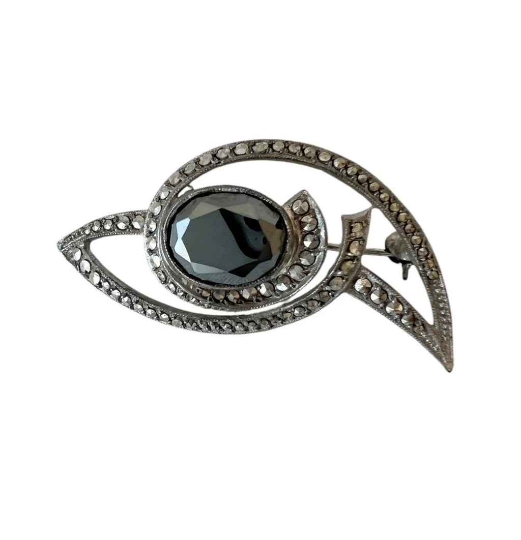 Antique Art Deco 800 Silver & Marcasite Brooch with Hematite