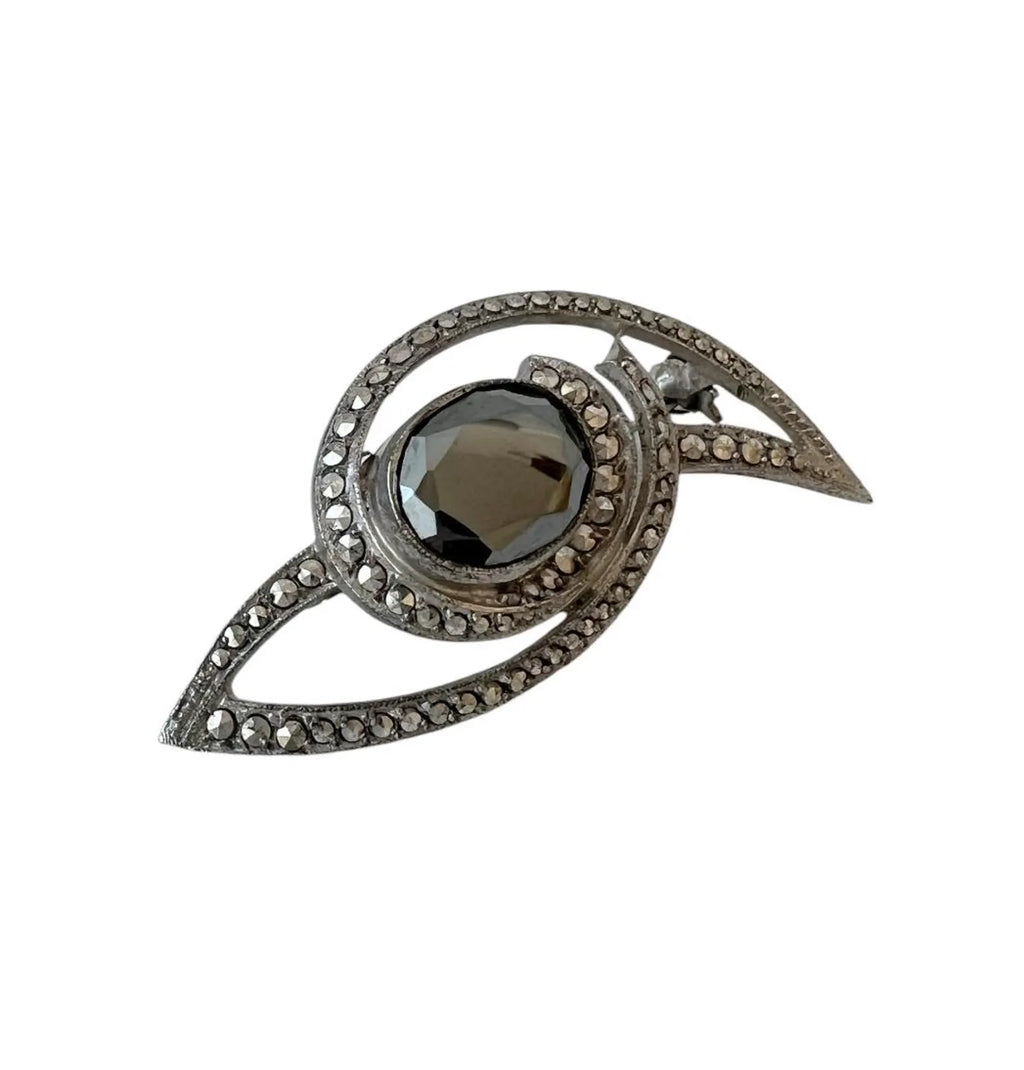 Antique Art Deco 800 Silver & Marcasite Brooch with Hematite