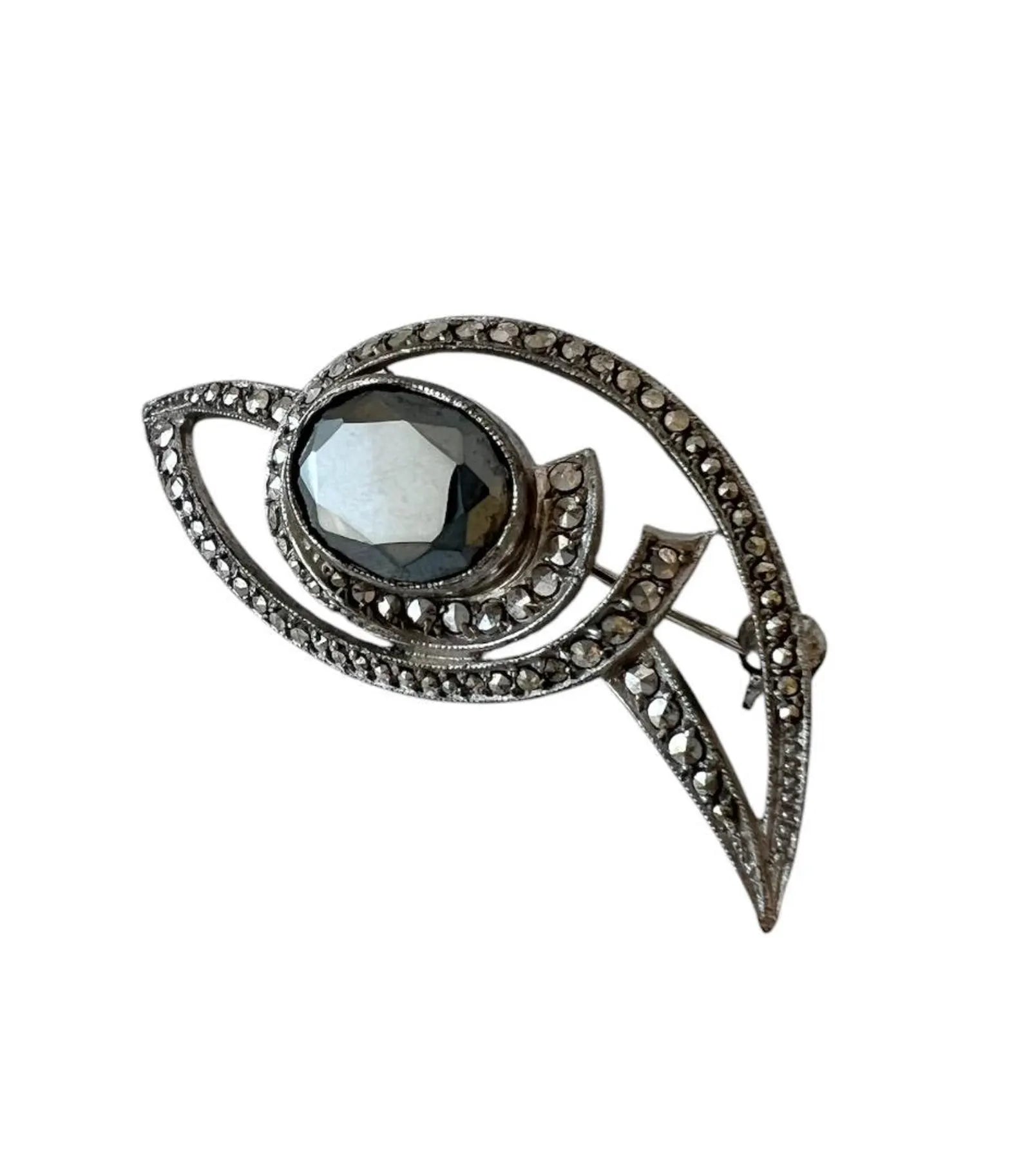 Antique Art Deco 800 Silver & Marcasite Brooch with Hematite