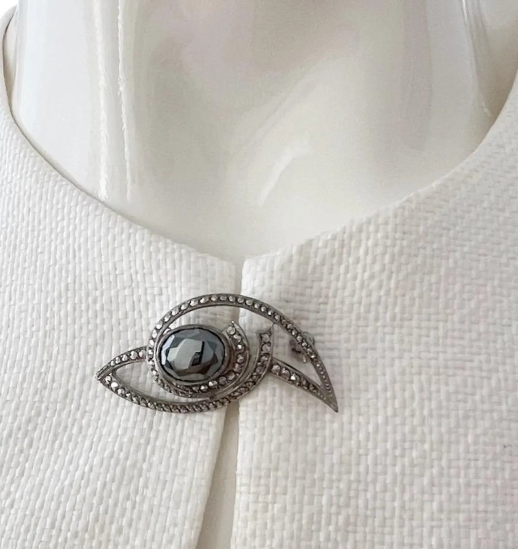 Antique Art Deco 800 Silver & Marcasite Brooch with Hematite