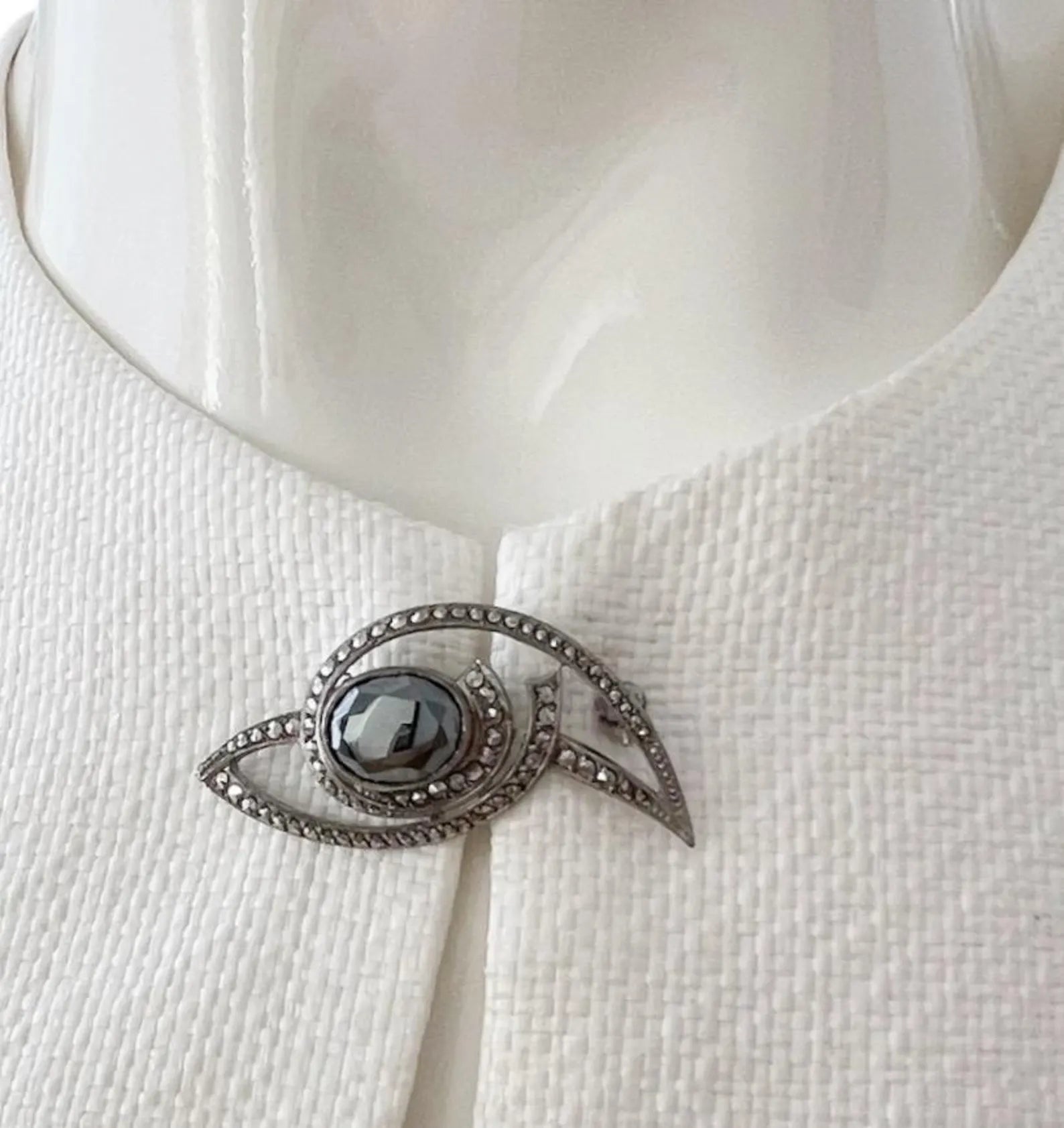 Antique Art Deco 800 Silver & Marcasite Brooch with Hematite