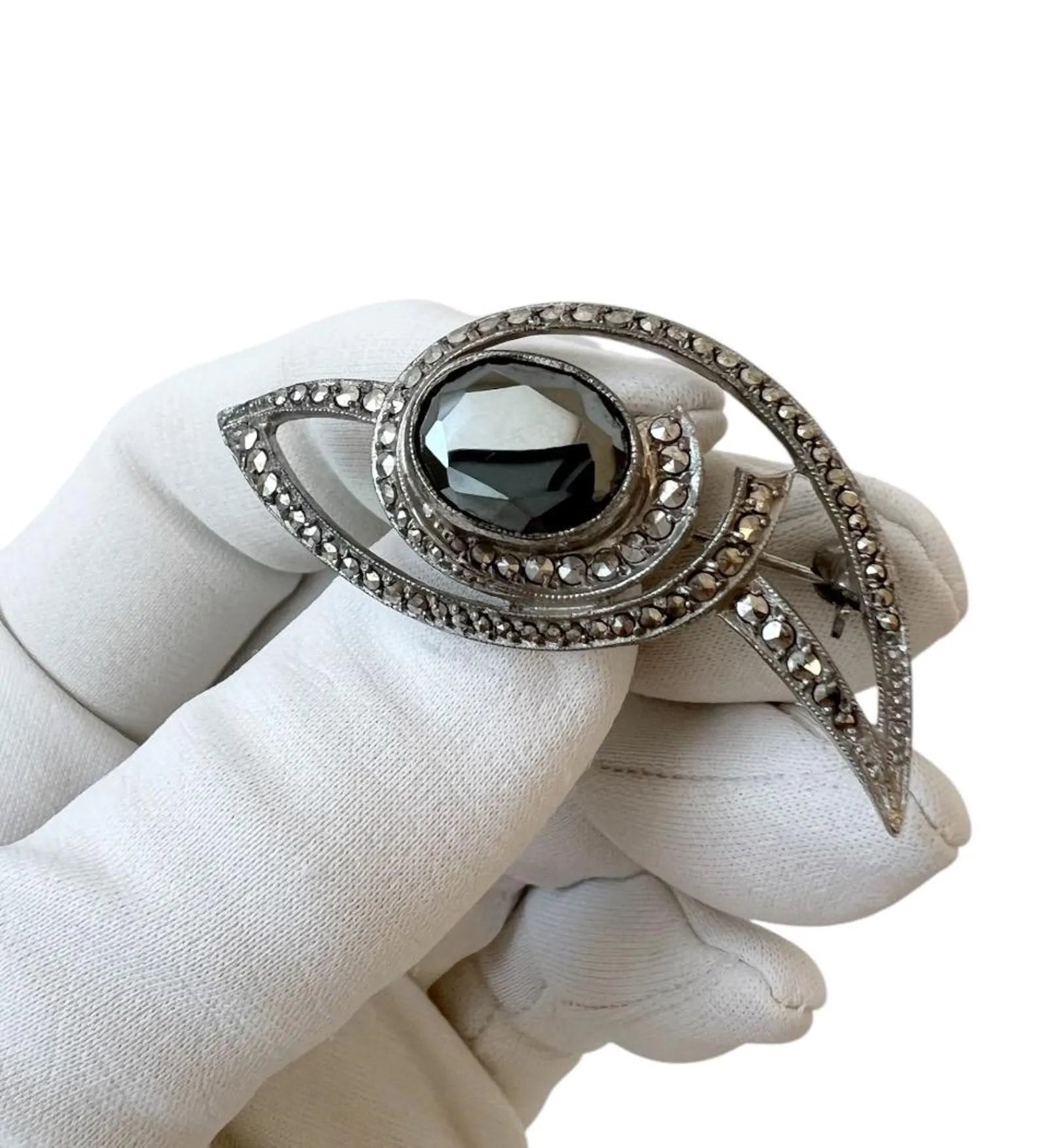 Antique Art Deco 800 Silver & Marcasite Brooch with Hematite