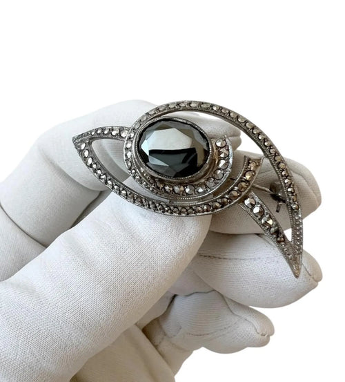 Antique Art Deco 800 Silver & Marcasite Brooch with Hematite