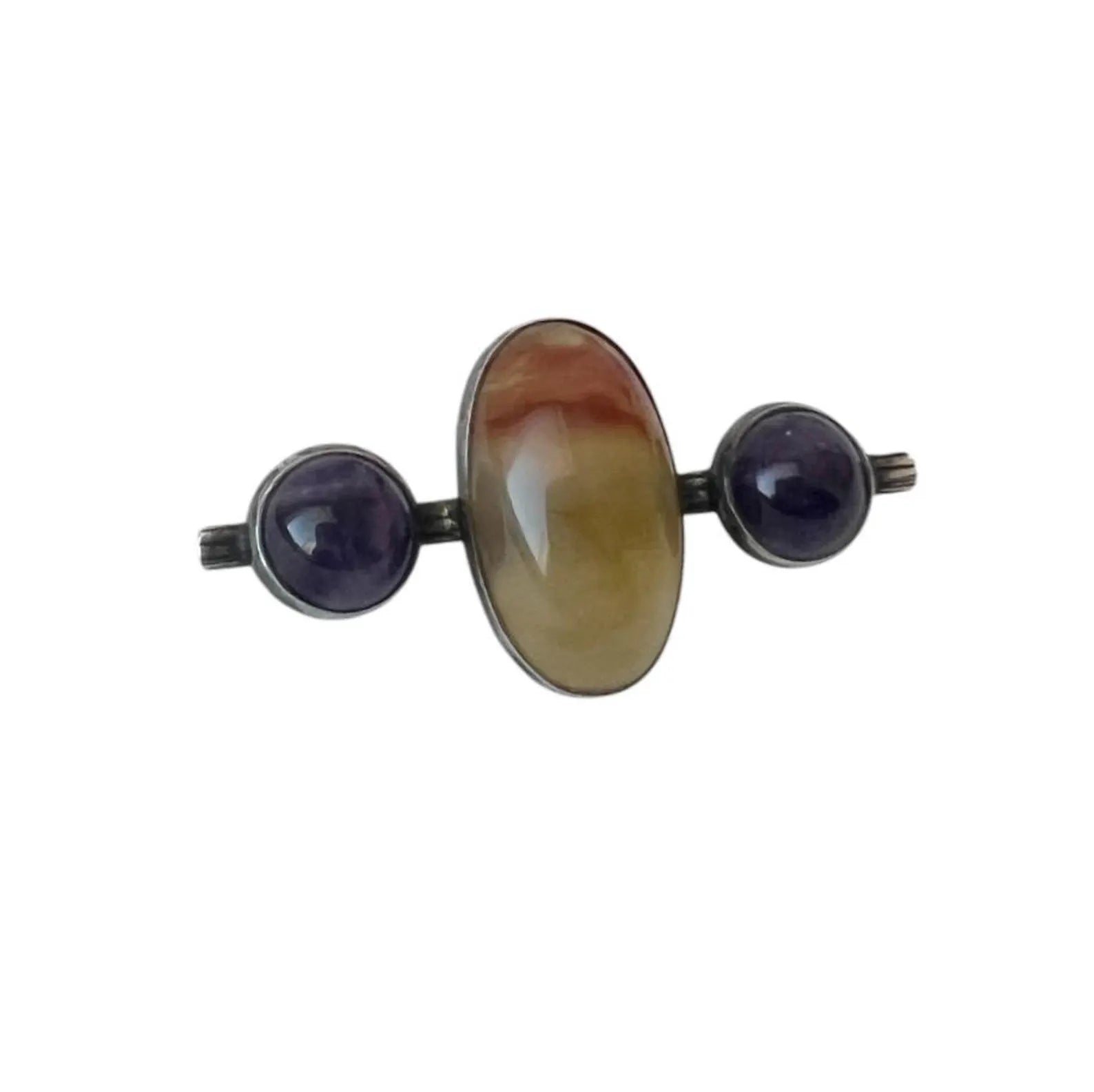 Vintage Silver Brooch with Banded Agate and Amethyst