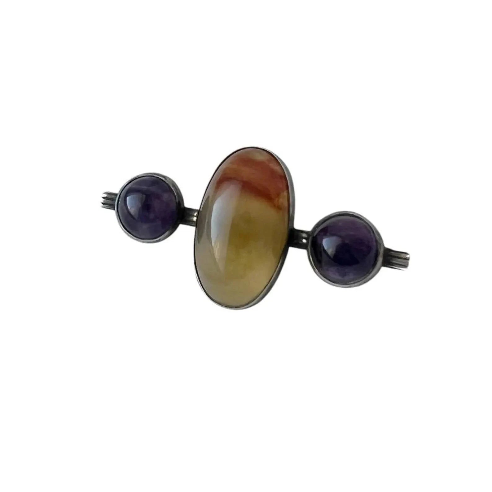 Vintage Silver Brooch with Banded Agate and Amethyst
