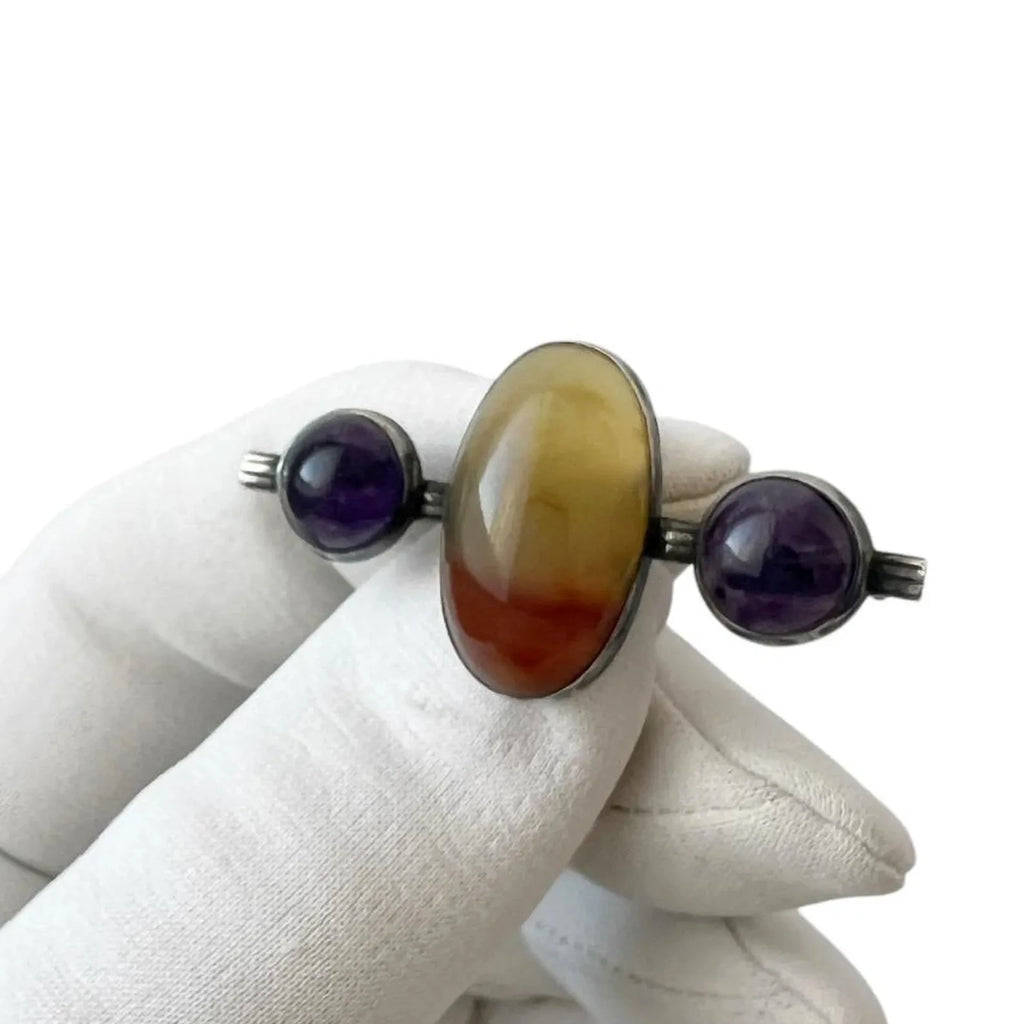 Vintage Silver Brooch with Banded Agate and Amethyst