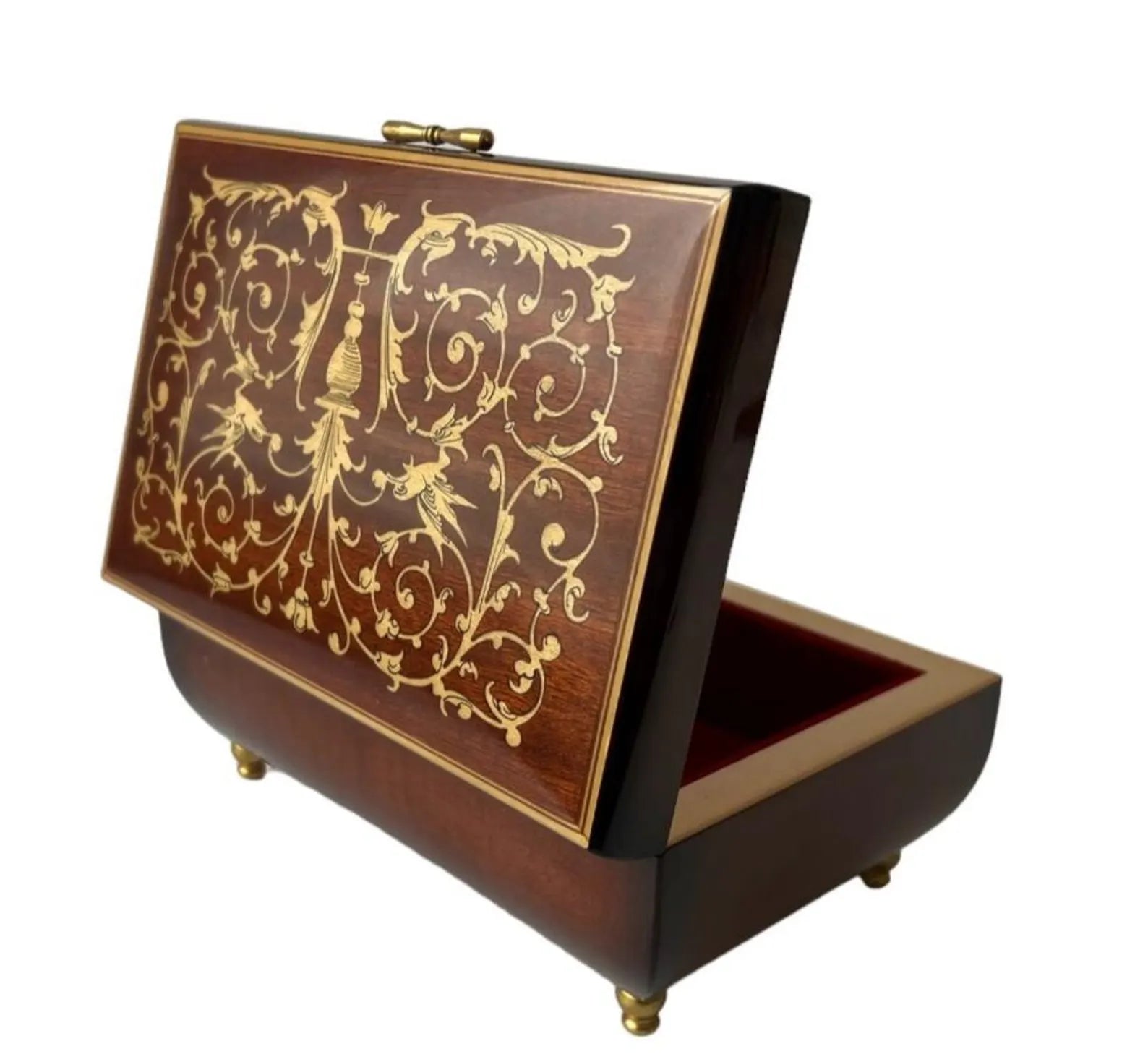 Vintage Reuge Wooden Jewellery Music Box, Floral Bird Inlay, True Love