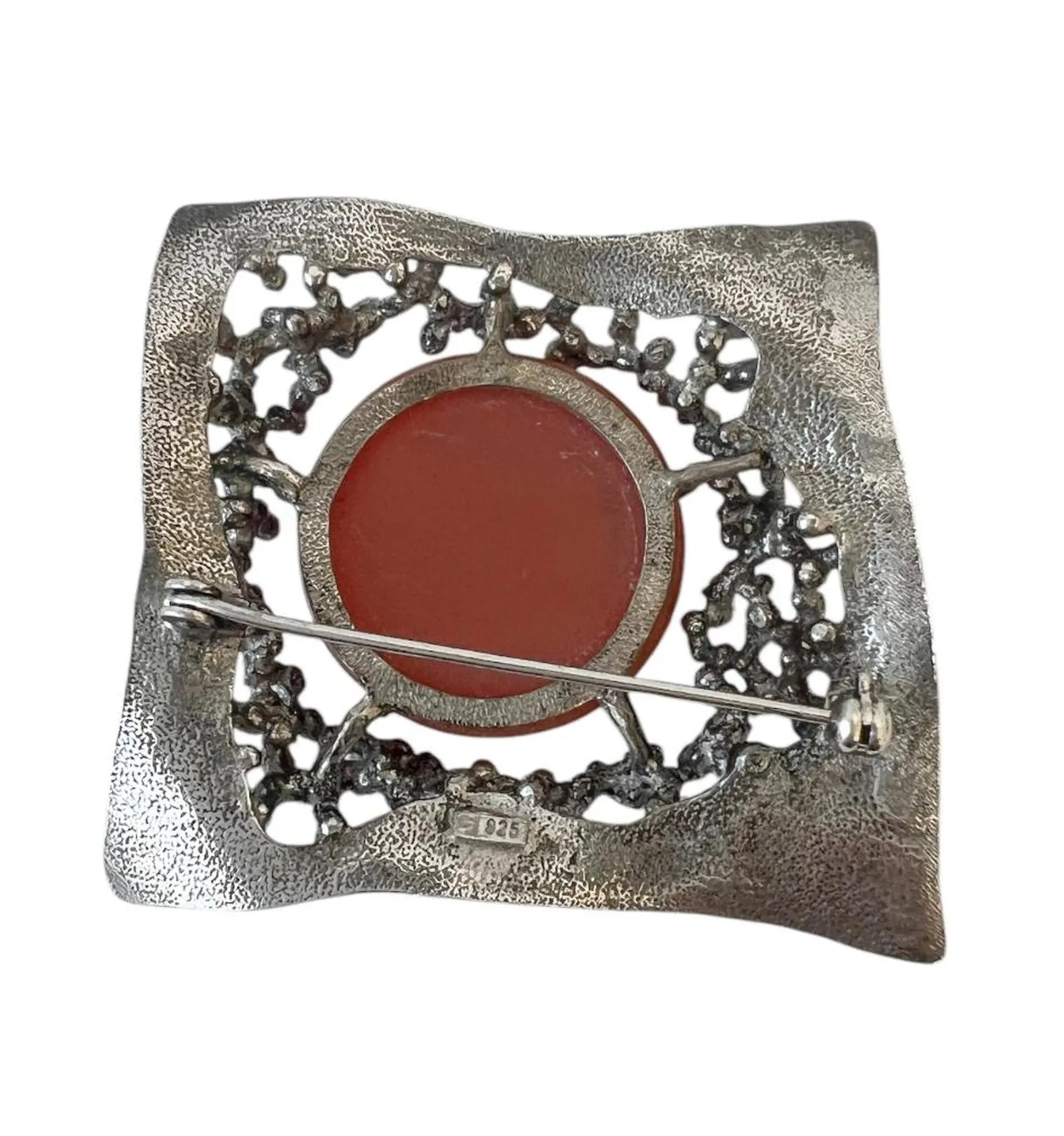Vintage Brutalist Silver Brooch with Carnelian