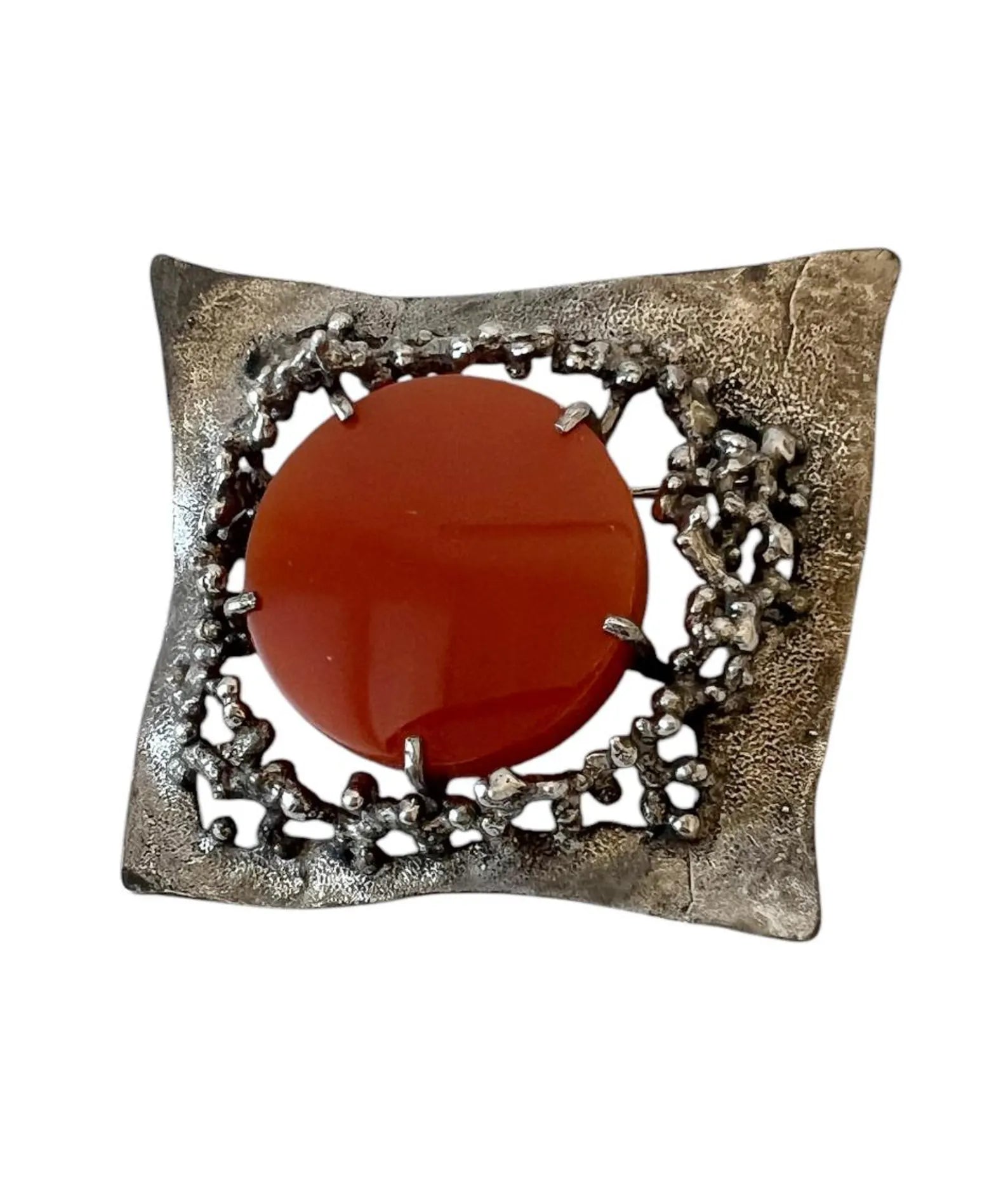 Vintage Brutalist Silver Brooch with Carnelian
