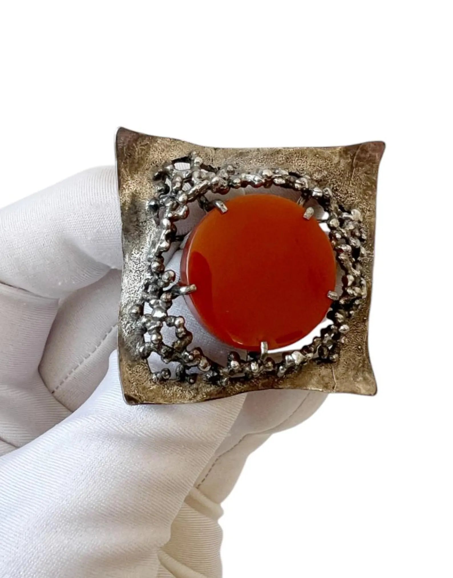 Vintage Brutalist Silver Brooch with Carnelian