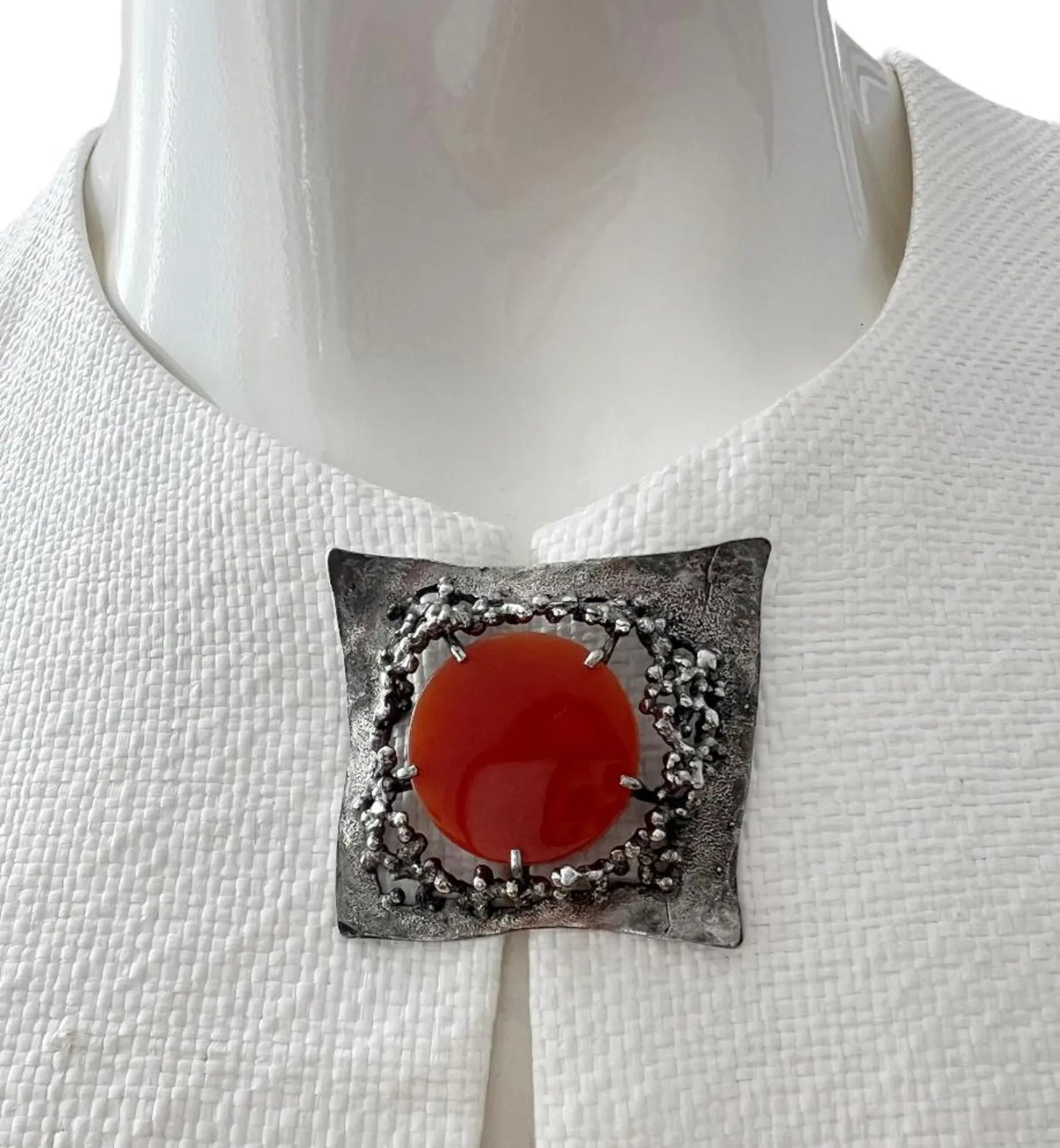 Vintage Brutalist Silver Brooch with Carnelian