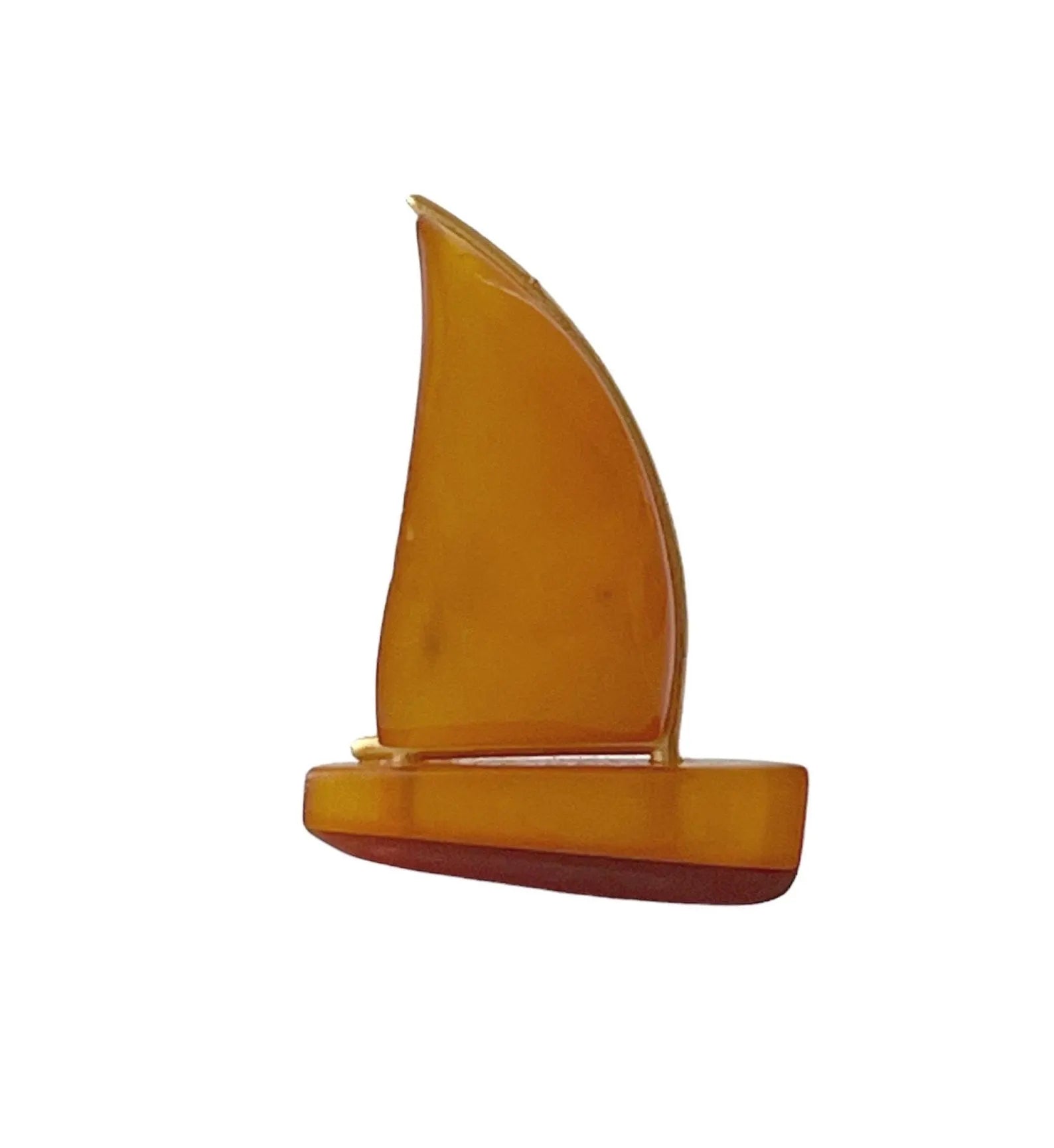 Vintage Sailboat Brooch, Baltic Amber Gold Plated. Kaliningrad Amber Combine, USSR, 1960s.