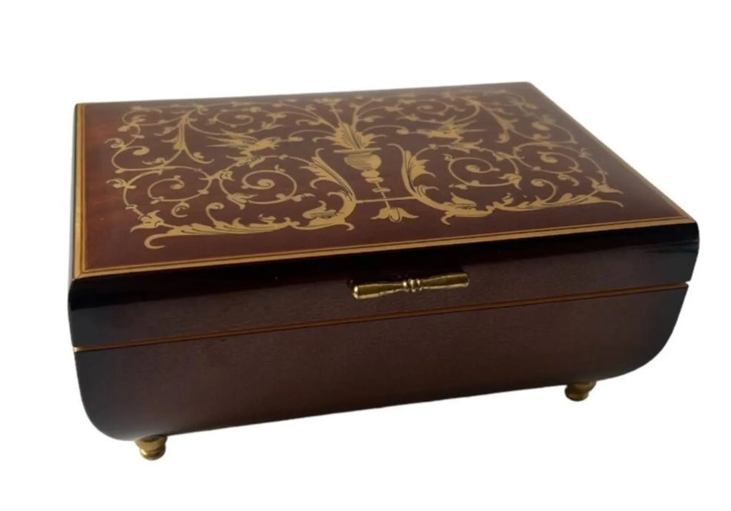 Vintage Reuge Wooden Jewellery Music Box, Floral Bird Inlay, True Love
