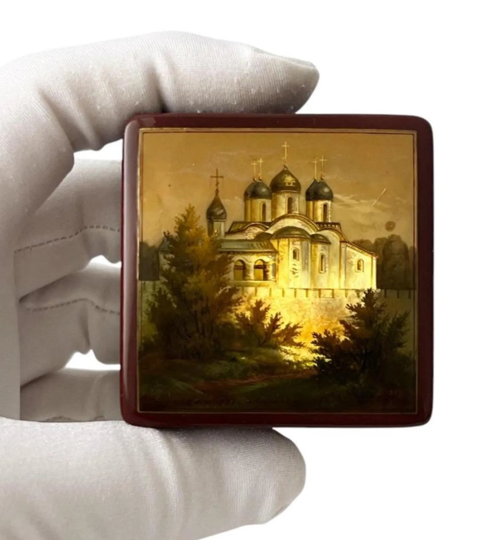 Vintage Fedoskino Lacquer Box, Russian Miniature Jewelry Box, Orthodox Church Painting