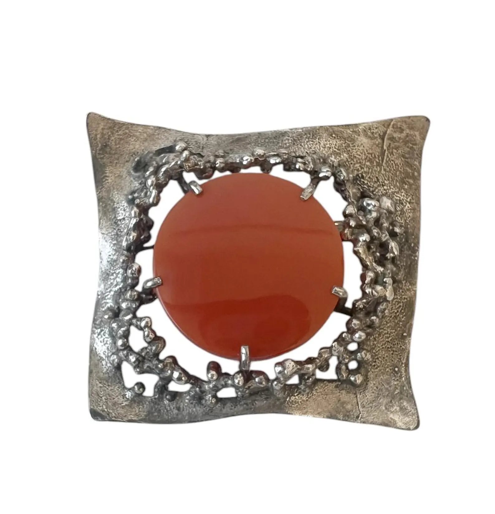 Vintage Brutalist Silver Brooch with Carnelian
