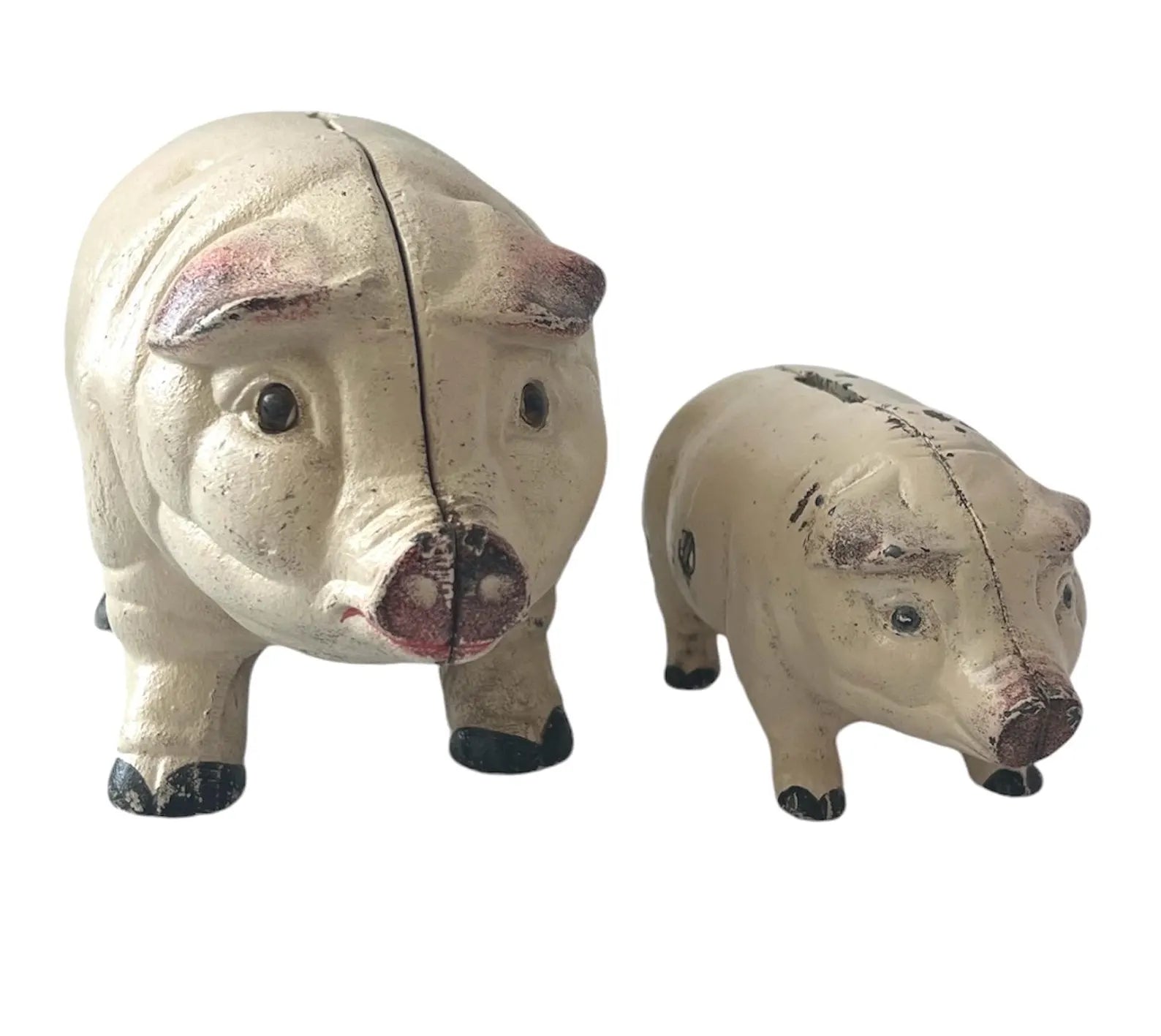 Antique French Cast Iron Pig Sculptures, Pair Piggy Banks, c.1900–1920
