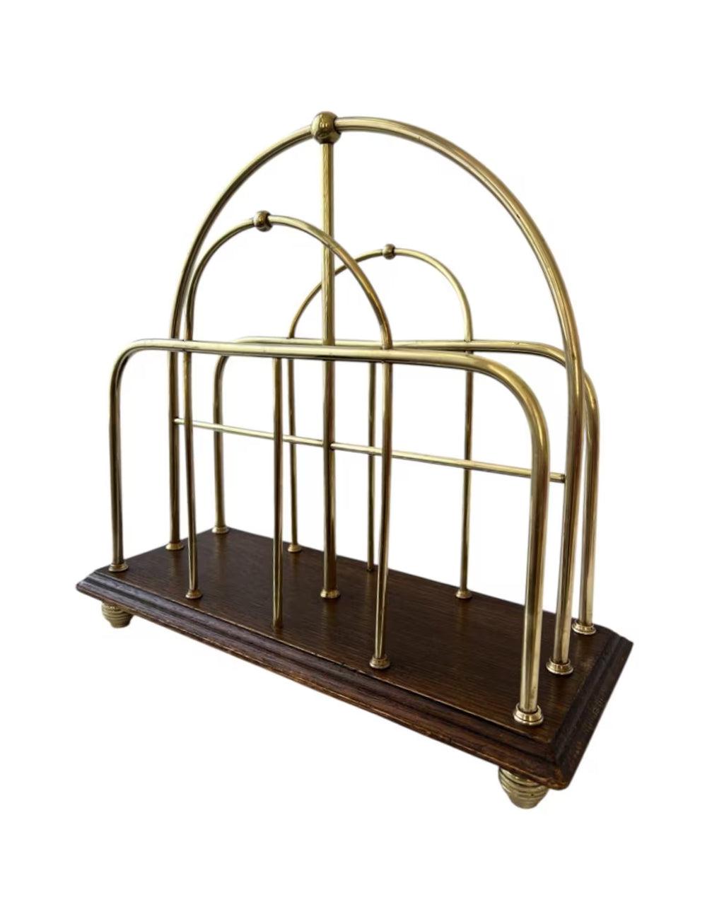Antique Oak & Brass Magazine Rack English Canterbury Newspaper Holder c.1890