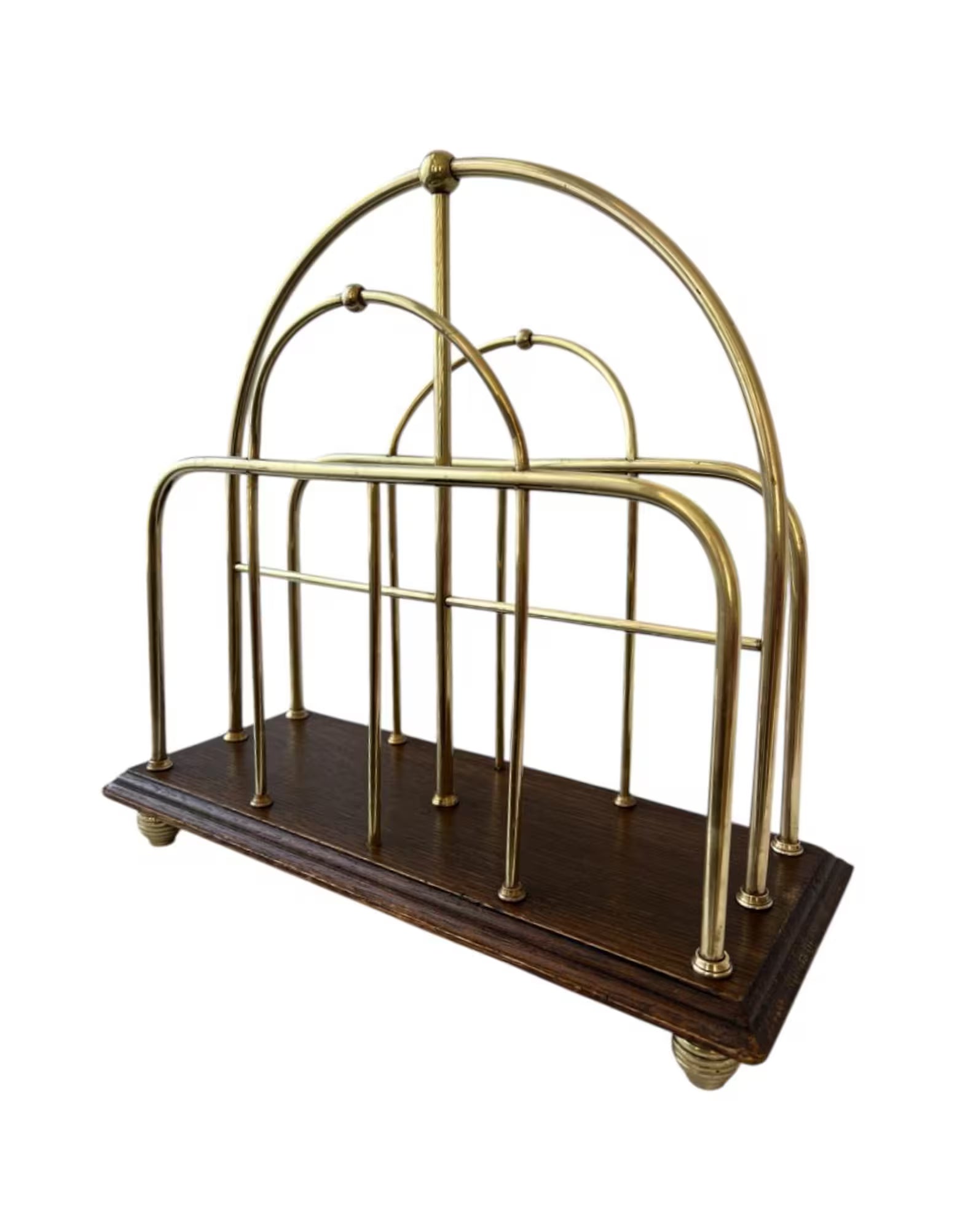 Antique Oak & Brass Magazine Rack English Canterbury Newspaper Holder c.1890