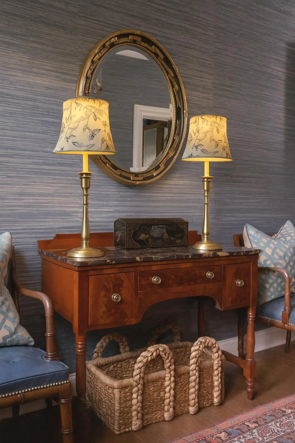Pair Lauren Ralph Lauren Brushed Brass Table Lamps With Floral Fabric Shades