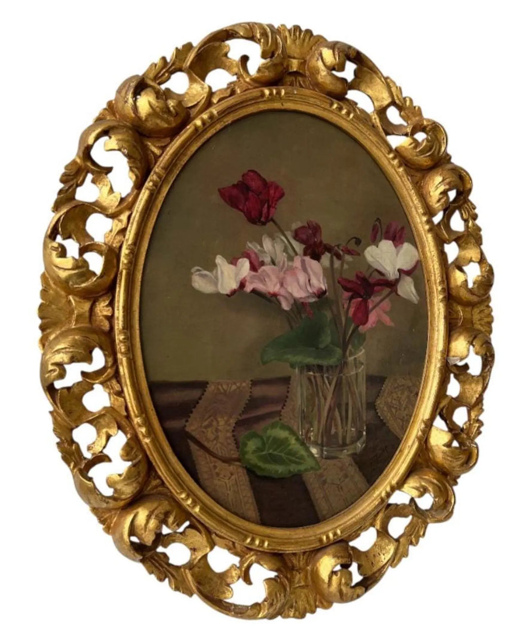 Antique Oil Painting Still Life with Cyclamen – Frieda Kniep c.1900 – Original Gilt-wood Frame