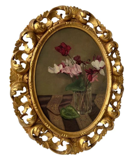 Antique Oil Painting Still Life with Cyclamen – Frieda Kniep c.1900 – Original Gilt-wood Frame