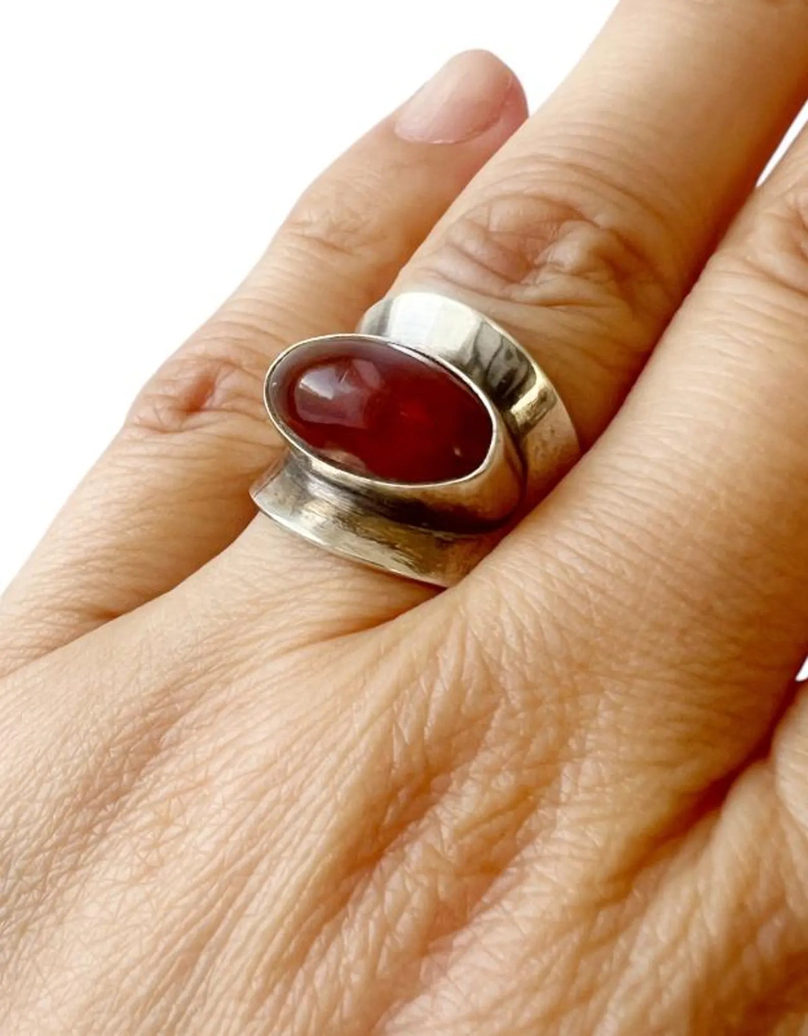 Vintage Baltic Amber Ring, Sterling Silver, Danish Modernist, Niels Erik From. UK size: O