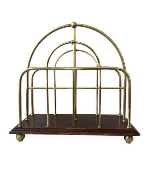 Antique Oak & Brass Magazine Rack English Canterbury Newspaper Holder c.1890