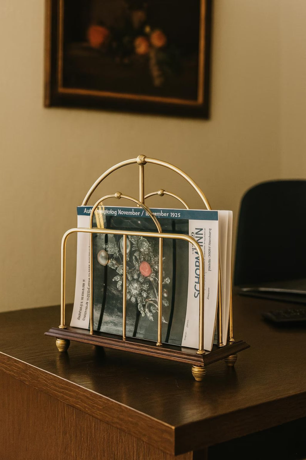 Antique Oak & Brass Magazine Rack English Canterbury Newspaper Holder c.1890