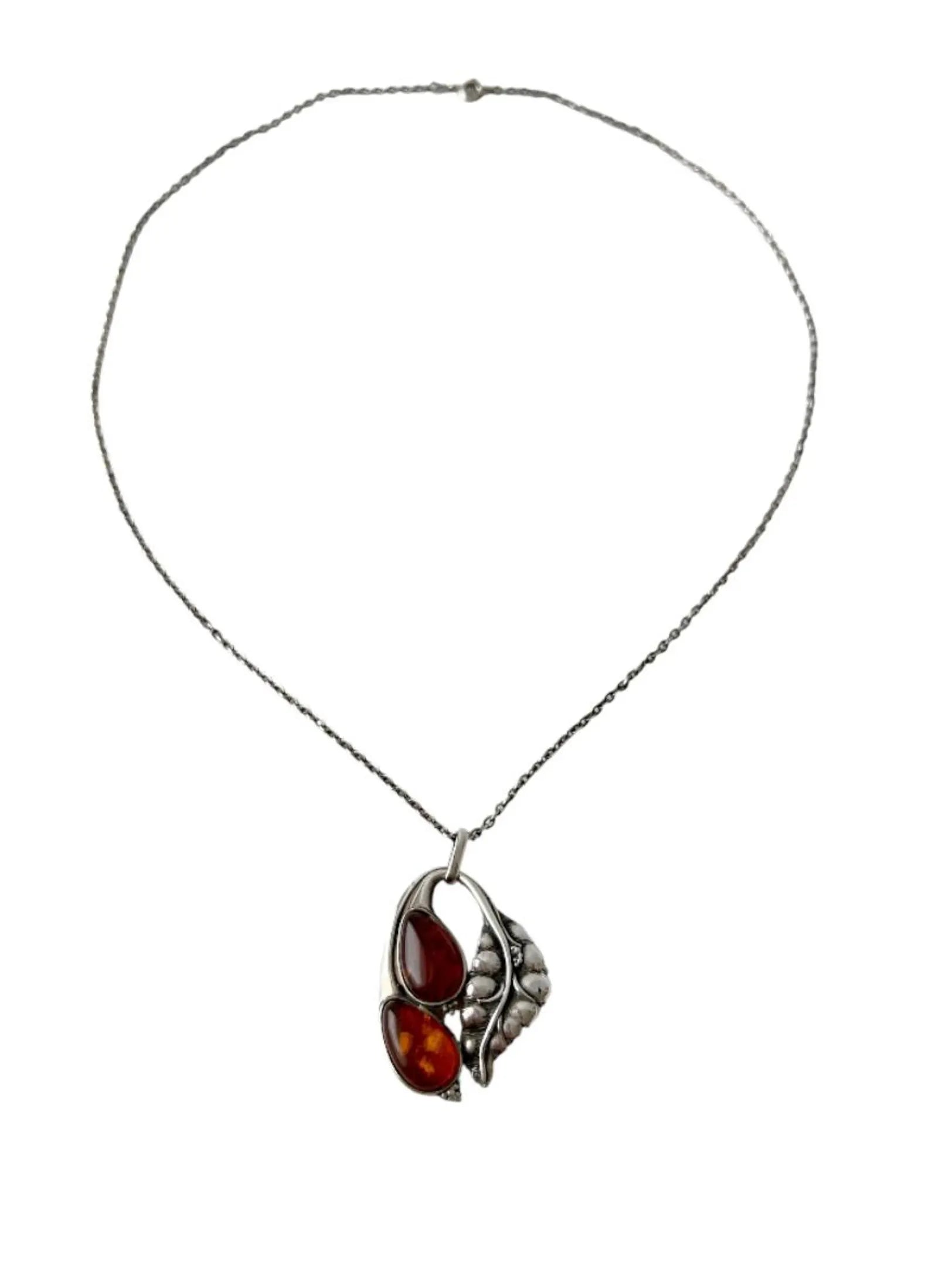 Vintage Silver & Baltic Amber Leaf Pendant Necklace.