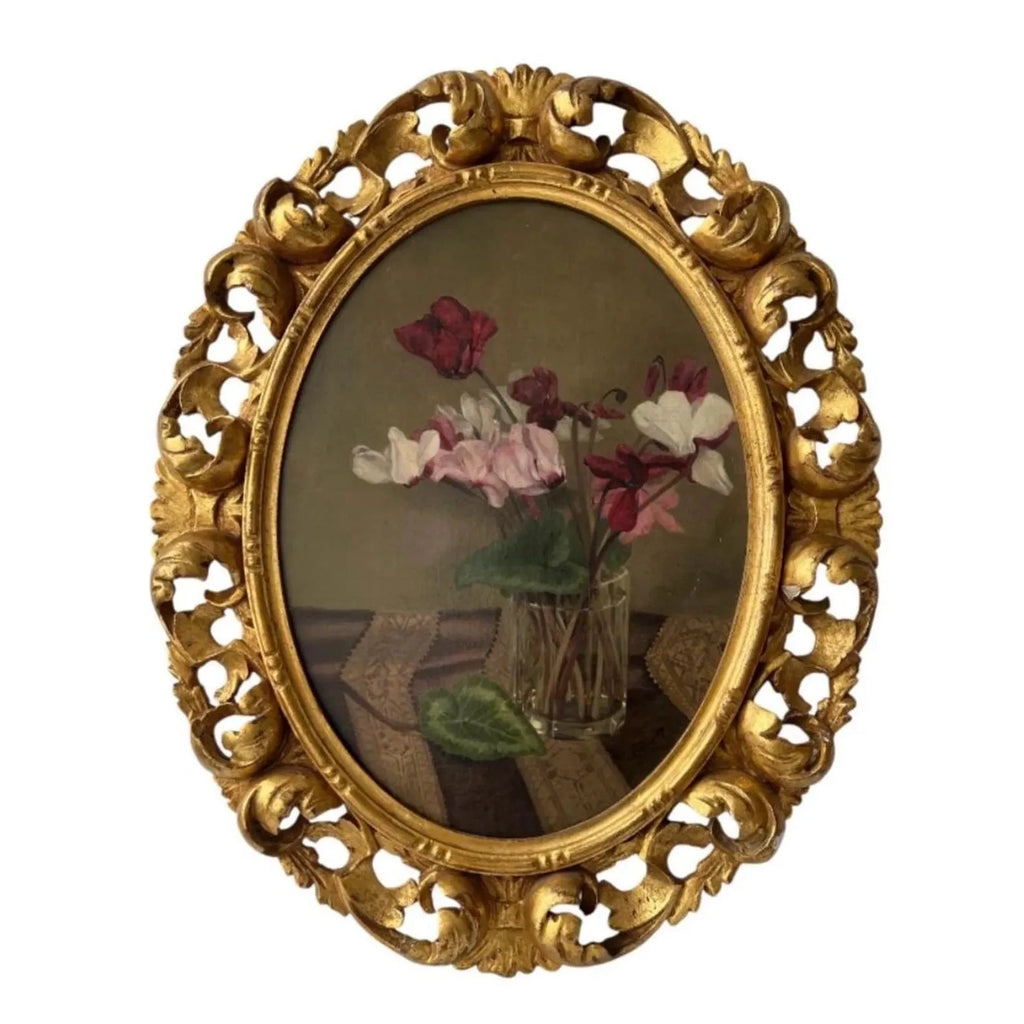 Antique Oil Painting Still Life with Cyclamen – Frieda Kniep c.1900 – Original Gilt-wood Frame