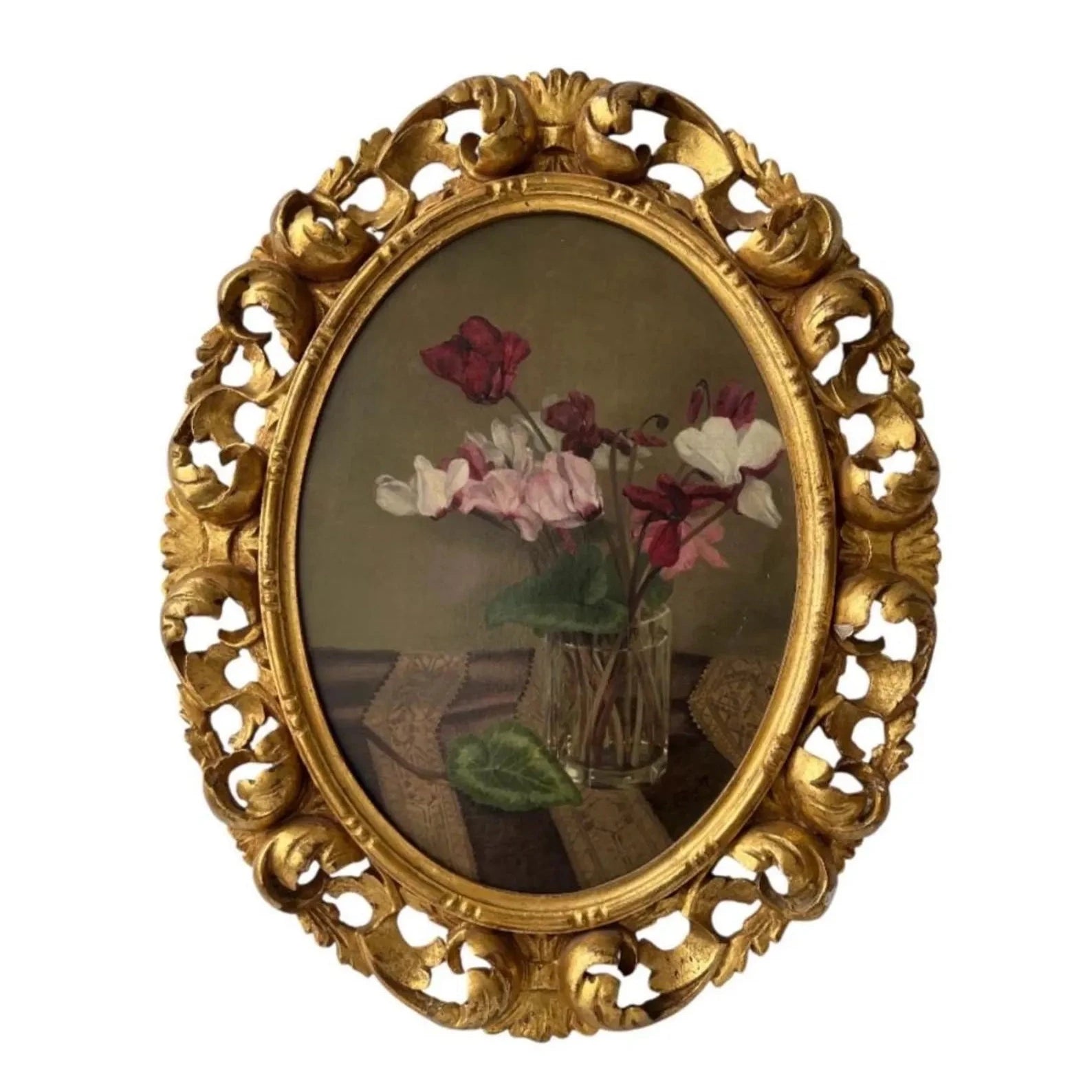 Antique Oil Painting Still Life with Cyclamen – Frieda Kniep c.1900 – Original Gilt-wood Frame