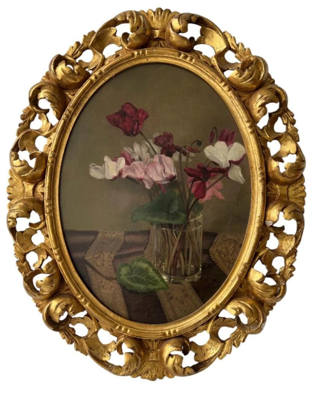 Antique Oil Painting Still Life with Cyclamen – Frieda Kniep c.1900 – Original Gilt-wood Frame
