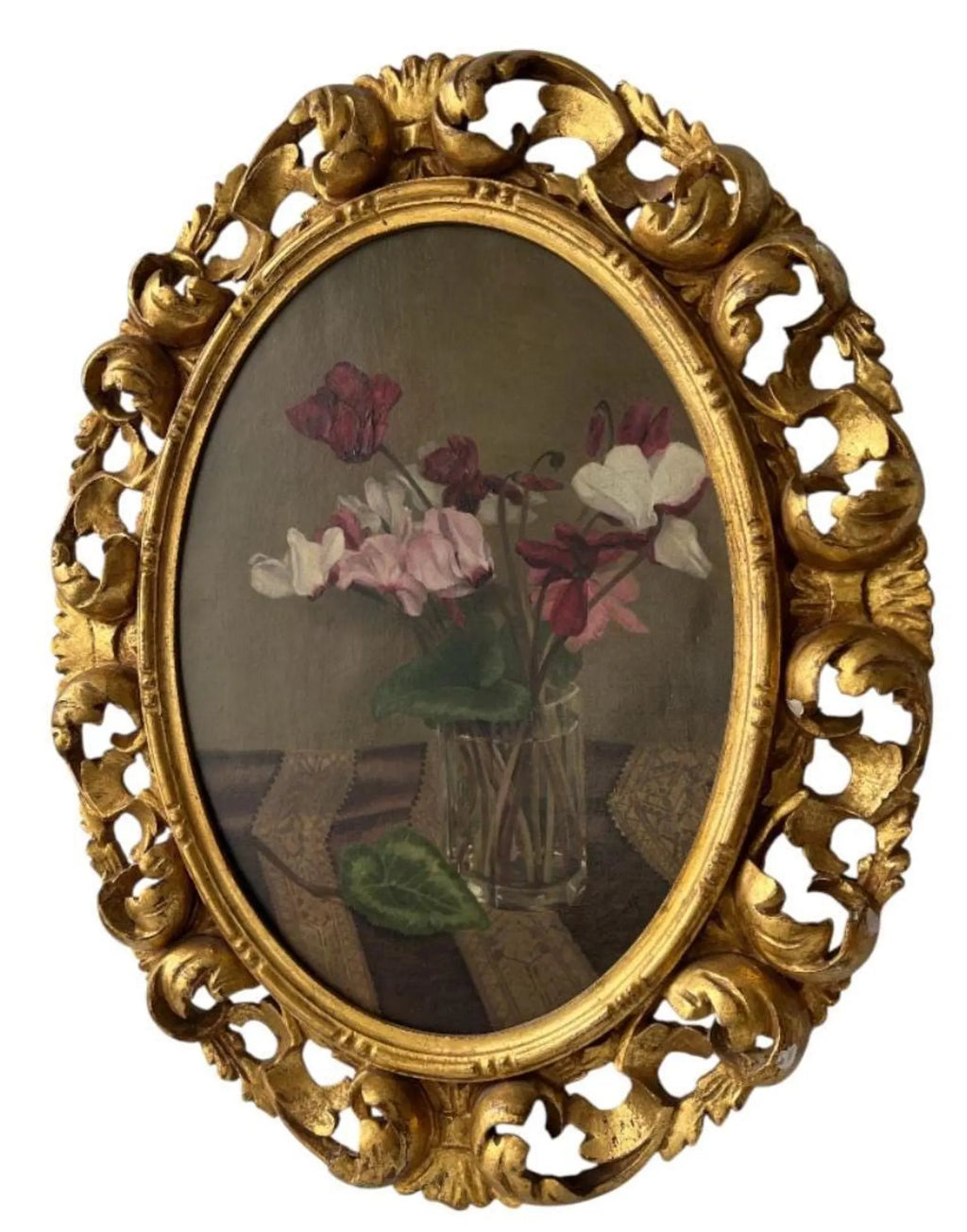 Antique Oil Painting Still Life with Cyclamen – Frieda Kniep c.1900 – Original Gilt-wood Frame