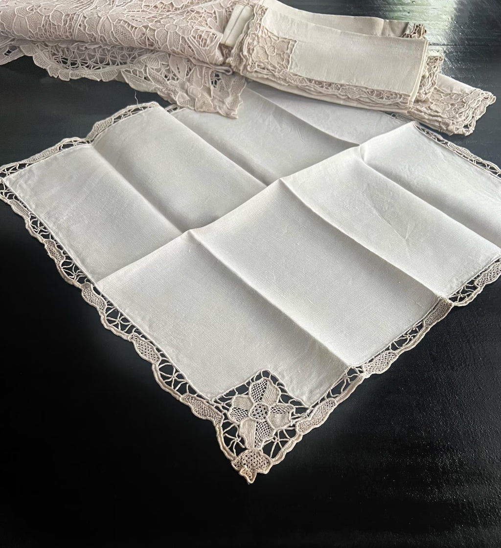 Antique Point de Venise Lace Tablecloth & Napkins - Floral Needlepoint - 1880-1920
