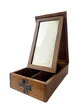 Antique Wooden Shaving Box with Tilting Mirror & Brass Clover Mounts