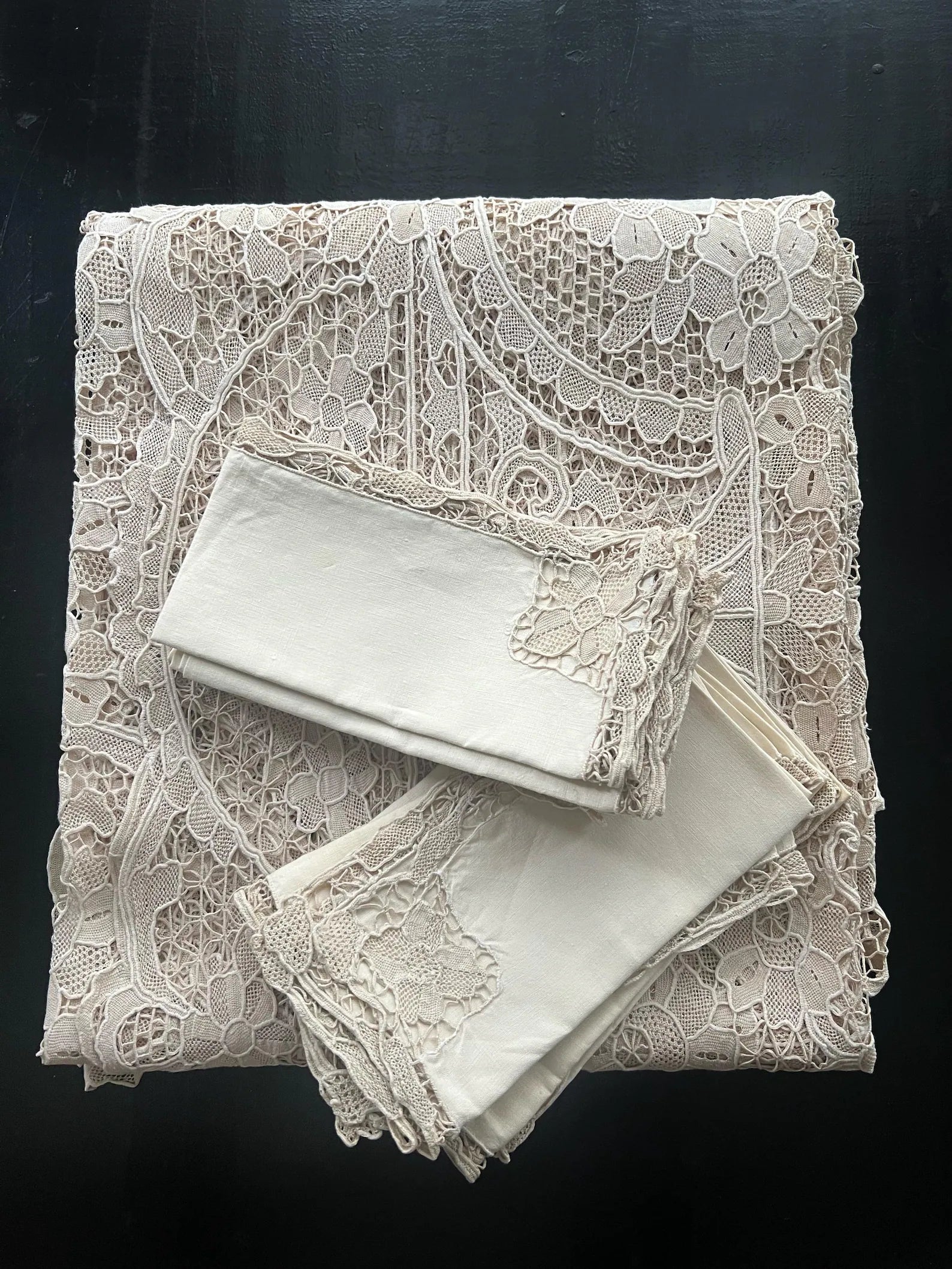Antique Point de Venise Lace Tablecloth & Napkins - Floral Needlepoint - 1880-1920
