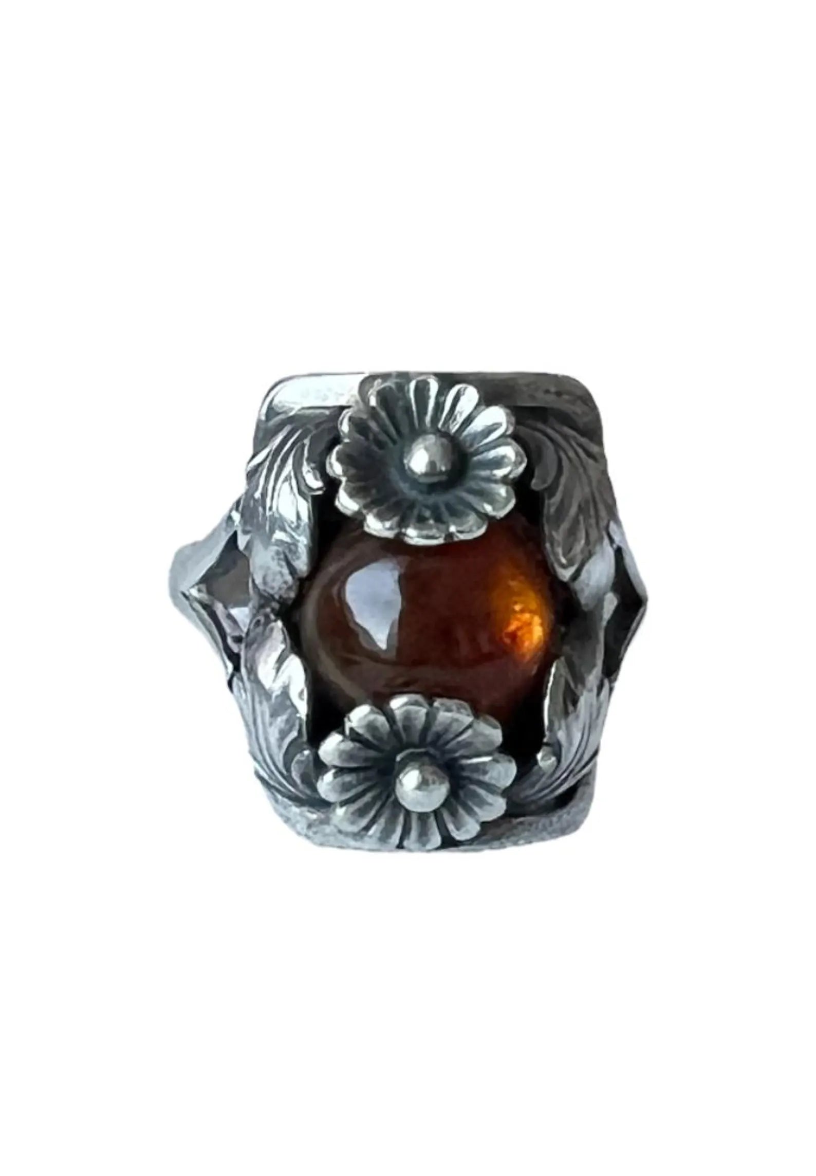Vintage Baltic Amber Ring, Daisy Design, Sterling Silver, Danish Modernist, Niels Erik From. UK size: P 1/2