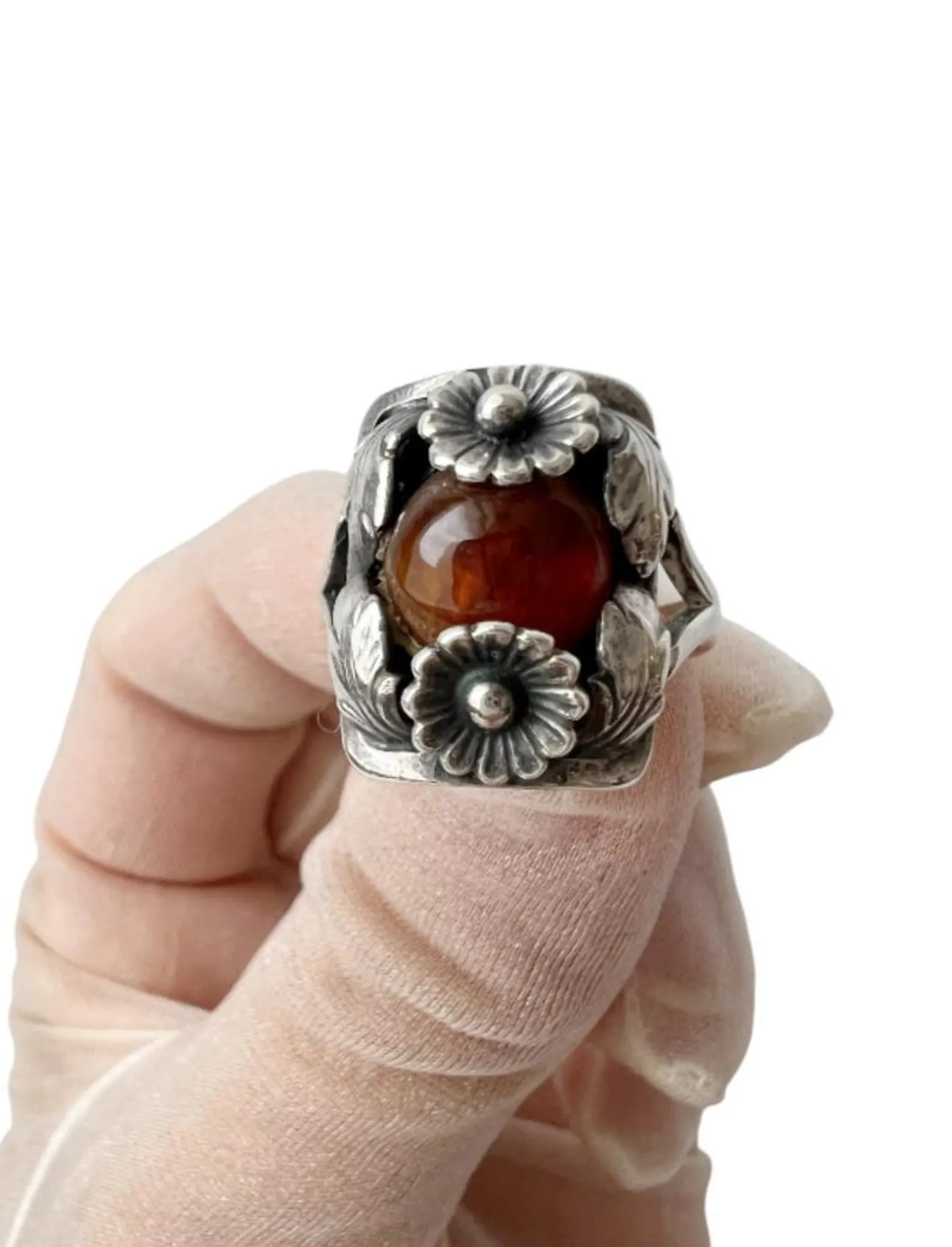 Vintage Baltic Amber Ring, Daisy Design, Sterling Silver, Danish Modernist, Niels Erik From. UK size: P 1/2